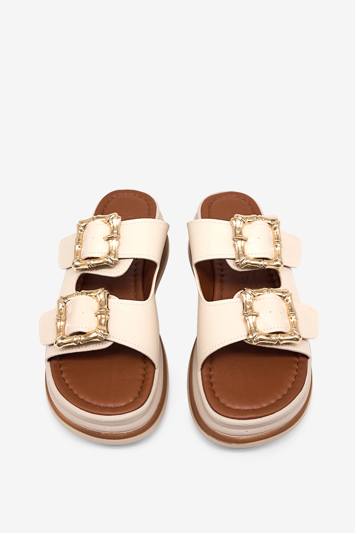 Kadın Bej Rahat Kalıp Yüksek Taban Tokalı Terlik