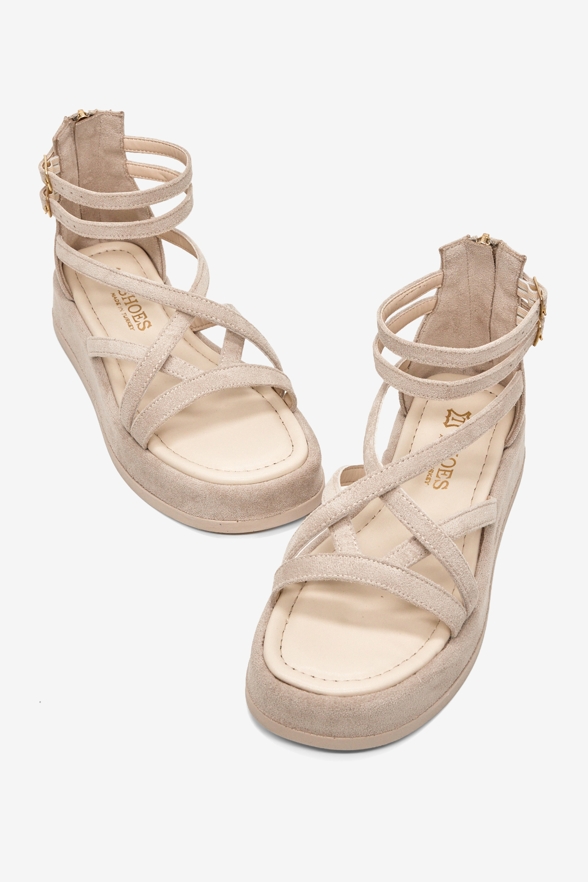 Kadın Bej Süet Rahat Kalıp Çapraz Bantlı Çift Kemerli Sandalet