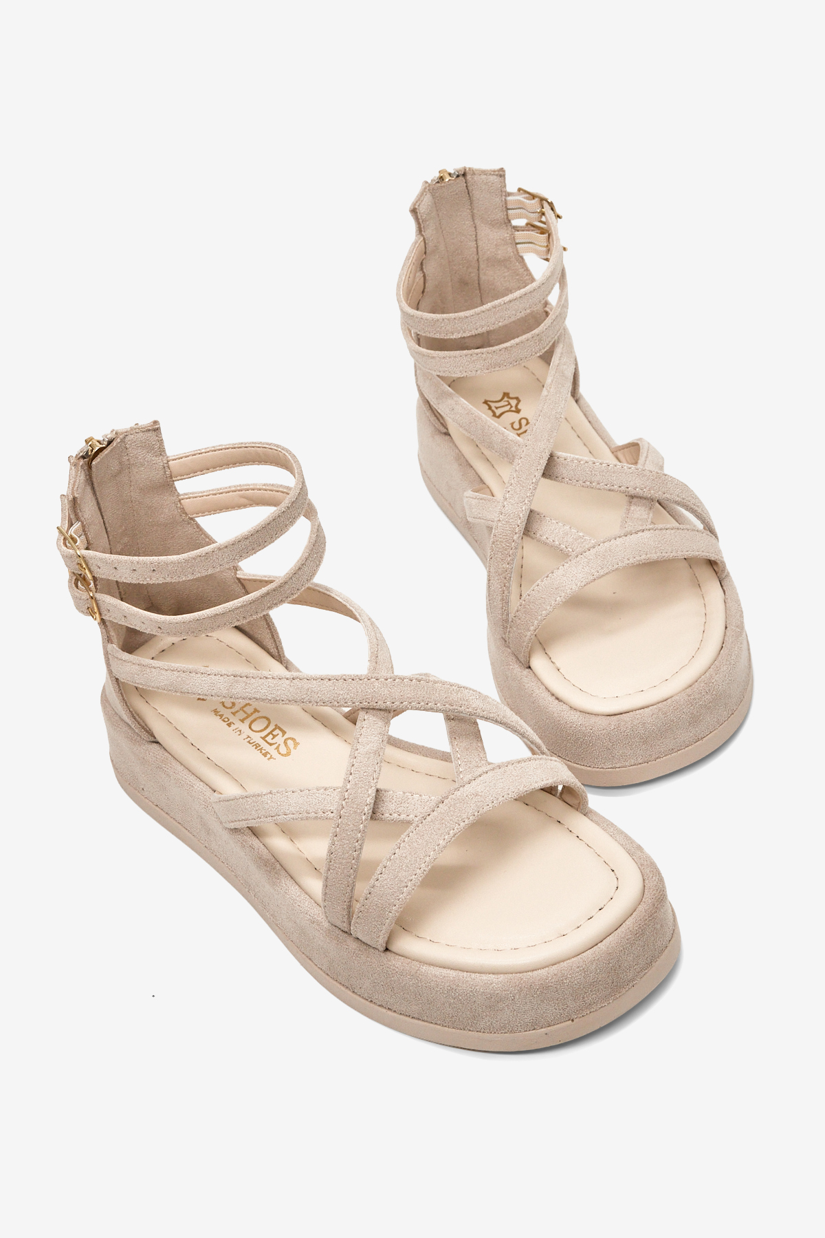Kadın Bej Süet Rahat Kalıp Çapraz Bantlı Çift Kemerli Sandalet