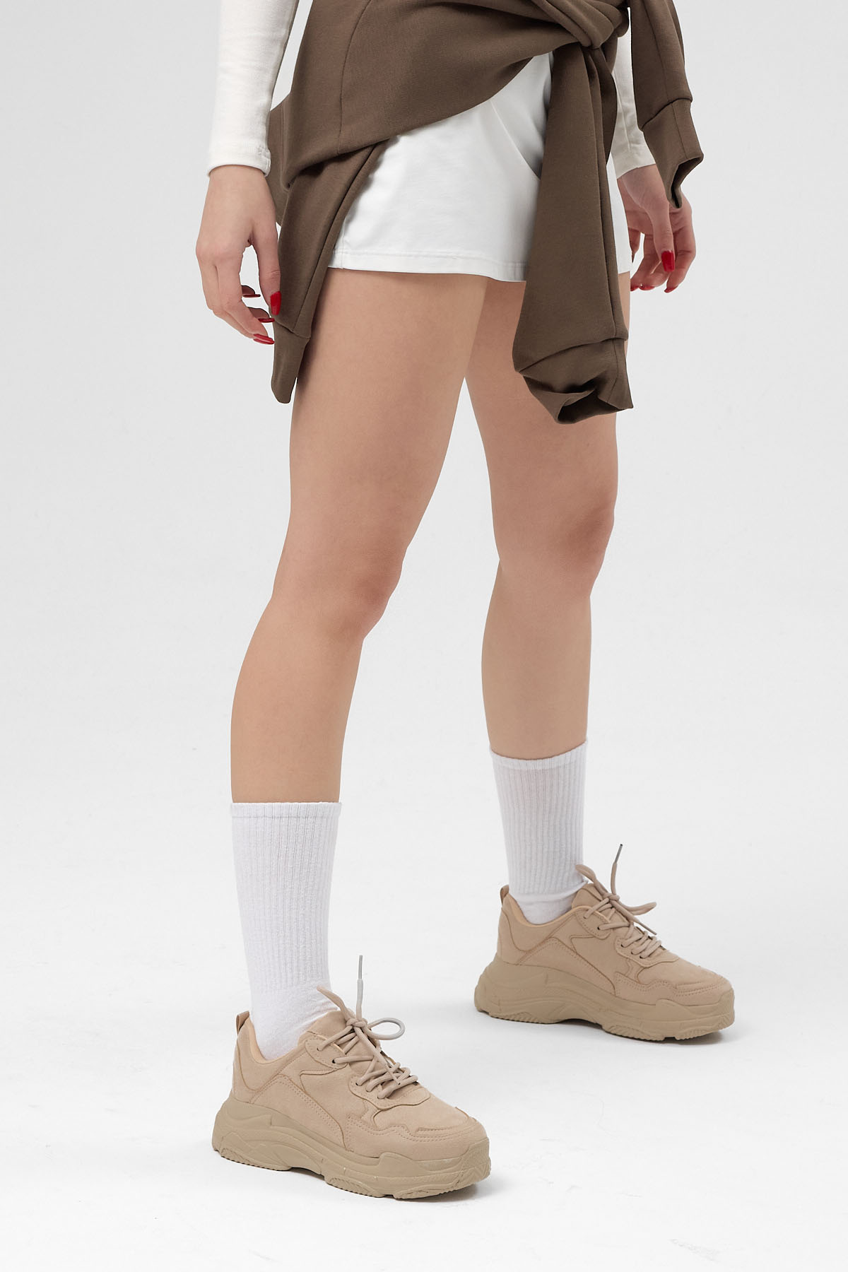 Kadın Bej Yüksek Taban Bağcıklı Spor Ayakkabı