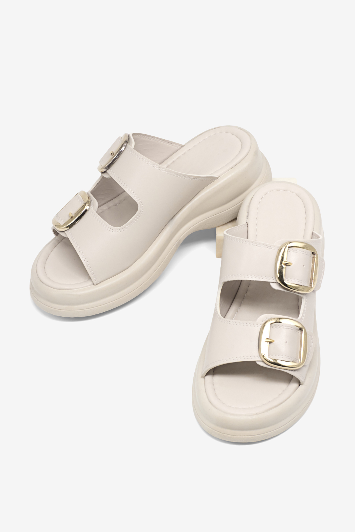 Kadın Bej Yüksek Tabanlı Rahat Çift Tokalı Terlik