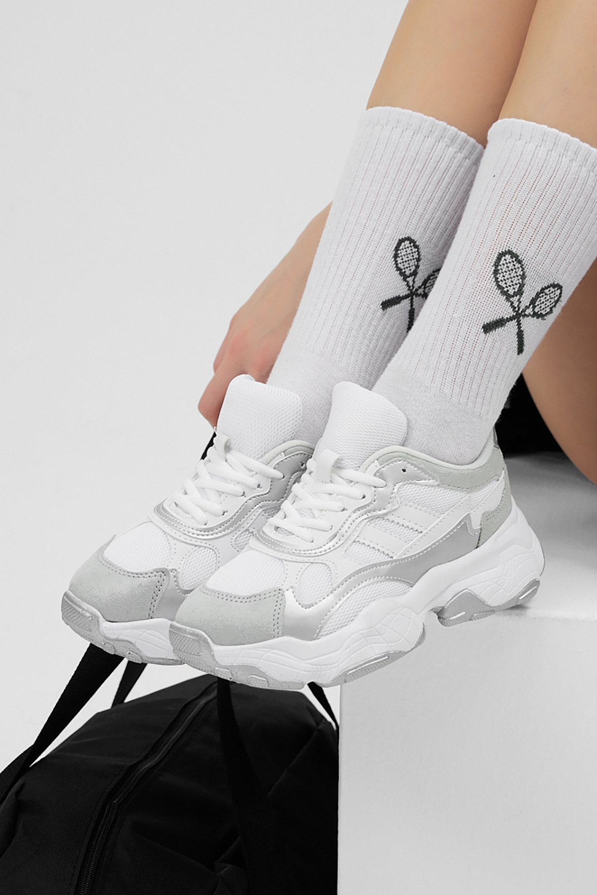 Kadın Beyaz Buz Rahat Kalıp Yüksek Taban Şeritli Spor Ayakkabı