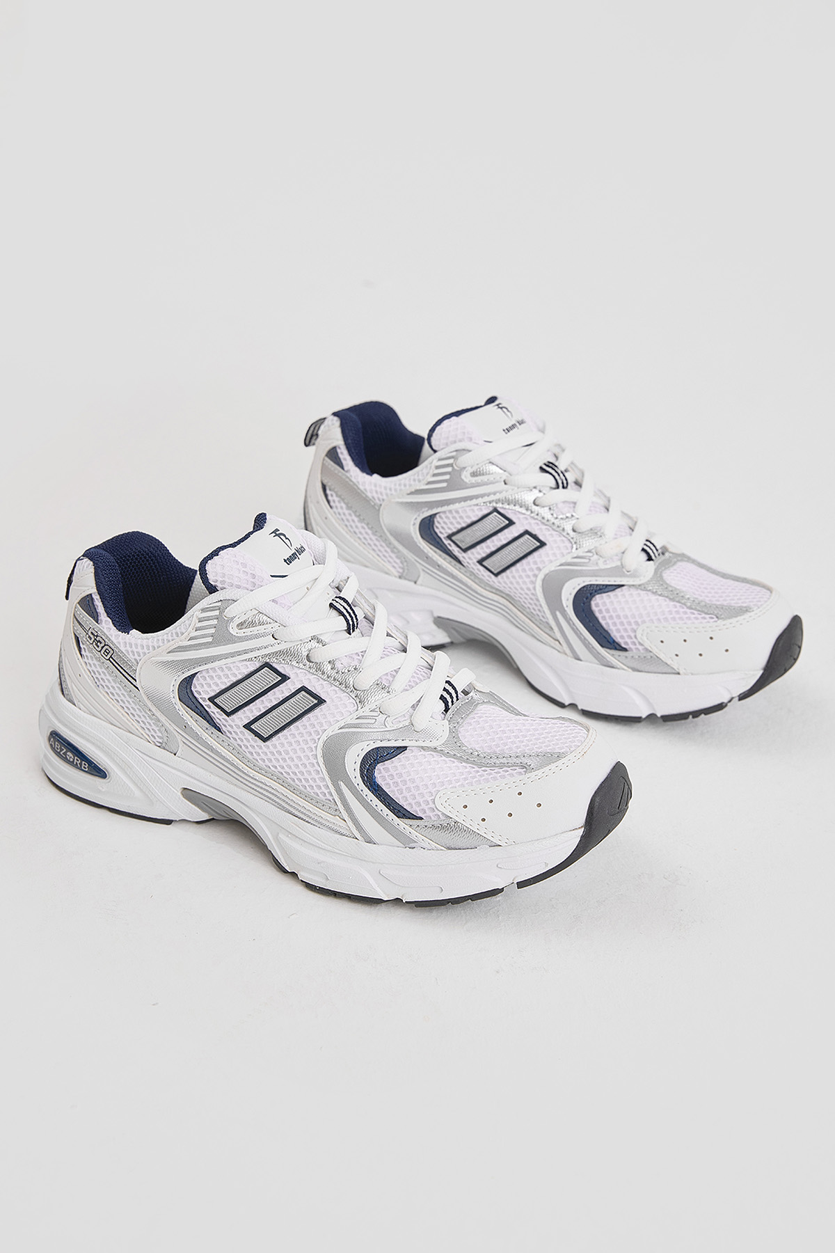 Kadın Beyaz Lacivert Yüksek Faylon Taban Fileli Desenli Spor Ayakkabı