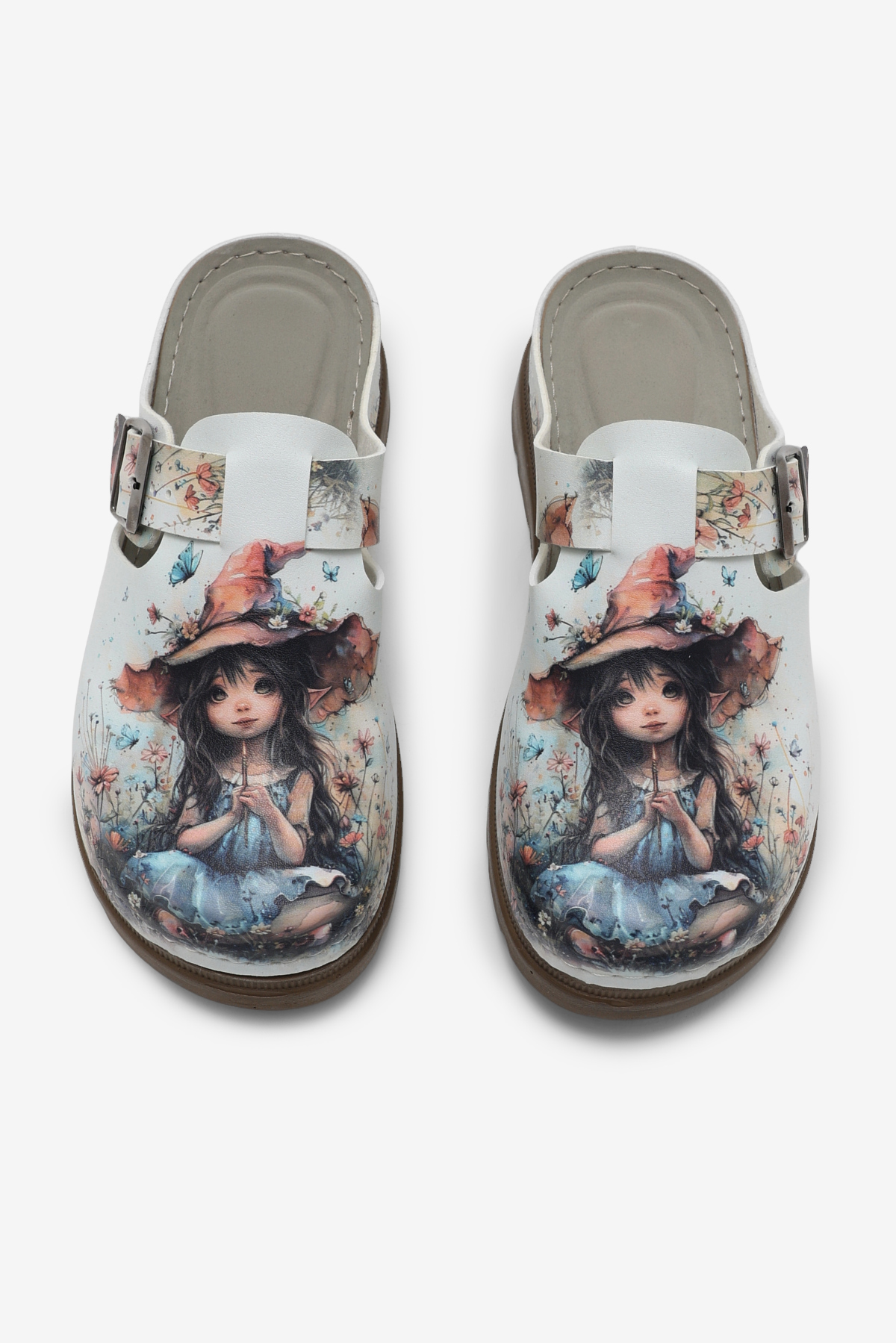 Kadın Beyaz Rahat Kalıp Baskılı Tokalı Terlik