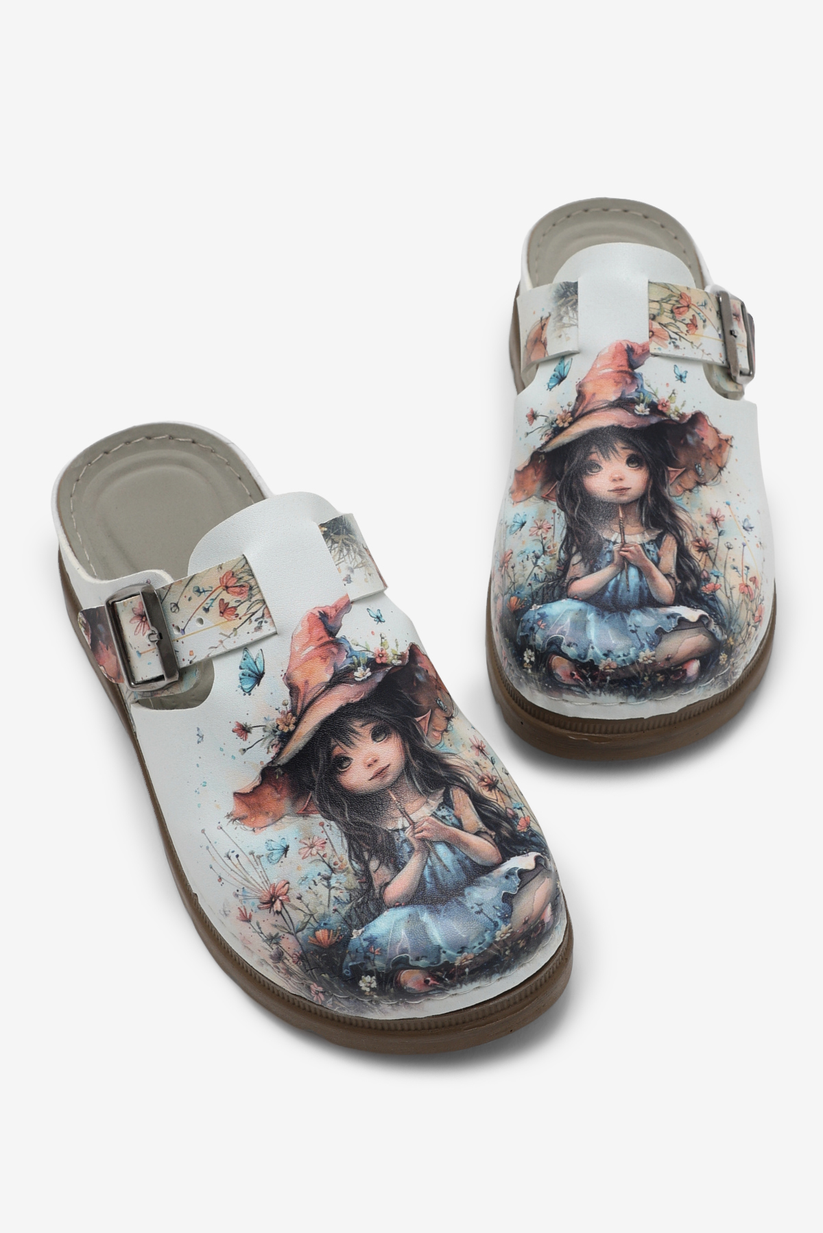 Kadın Beyaz Rahat Kalıp Baskılı Tokalı Terlik