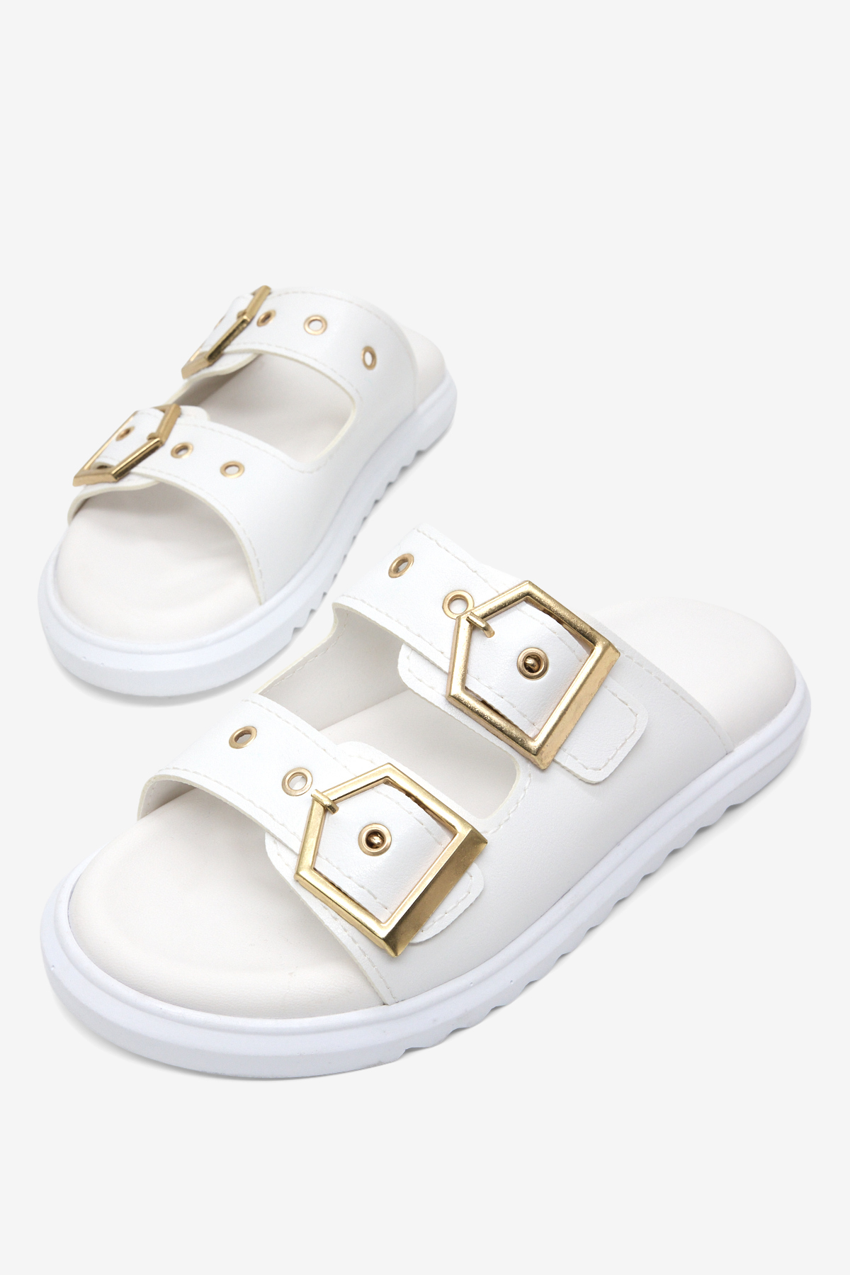 Kadın Beyaz Rahat Kalıp Çift Bantlı Toka Detaylı Terlik