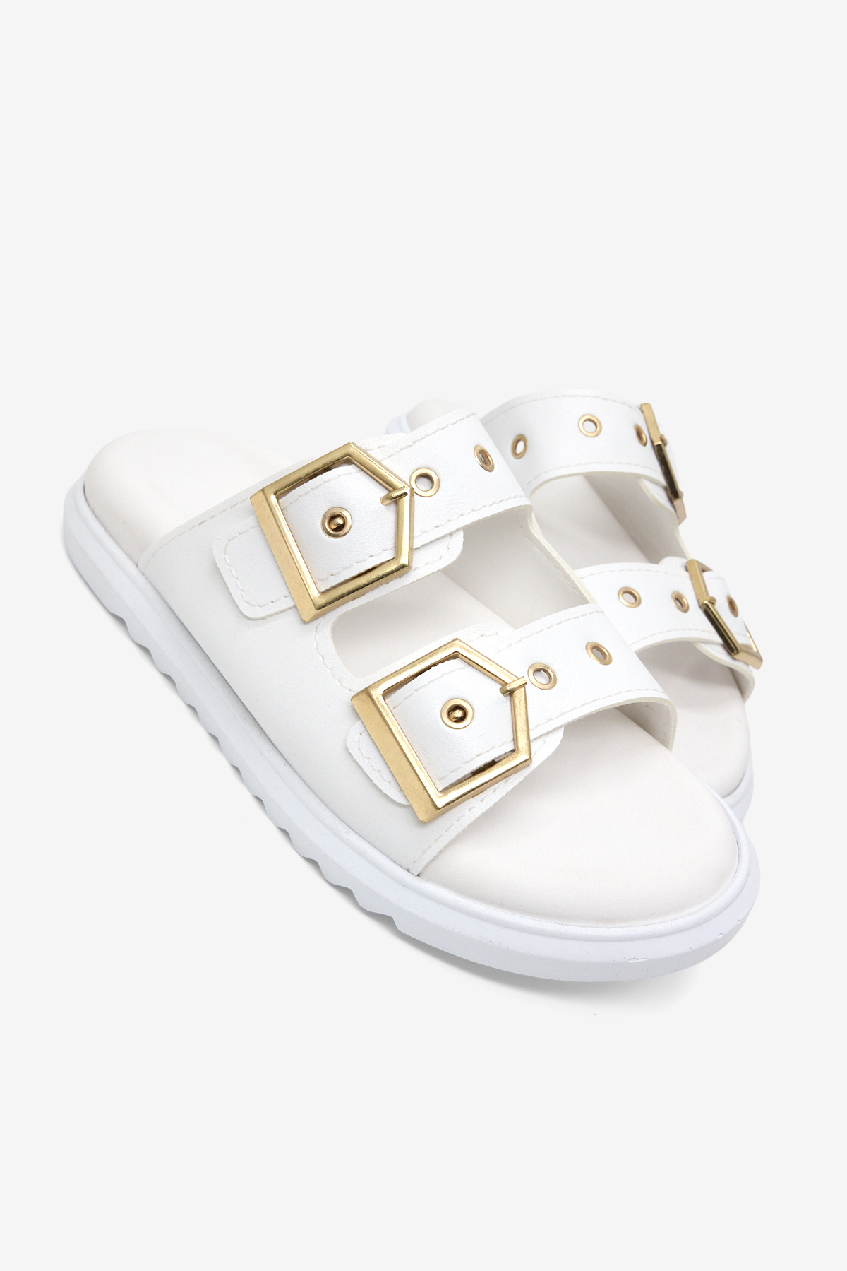 Kadın Beyaz Rahat Kalıp Çift Bantlı Toka Detaylı Terlik