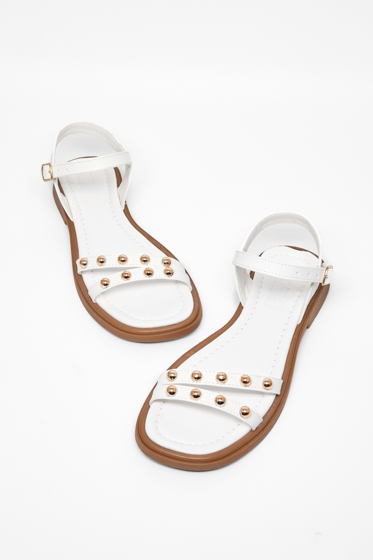 Kadın Beyaz Rahat Kalıp Çift Bantlı Tokalı Taşlı Sandalet