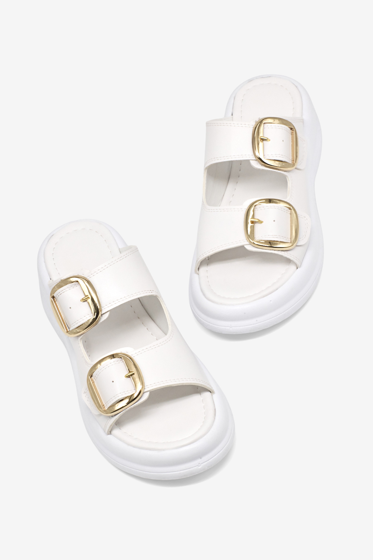 Kadın Beyaz Yüksek Tabanlı Rahat Çift Tokalı Terlik