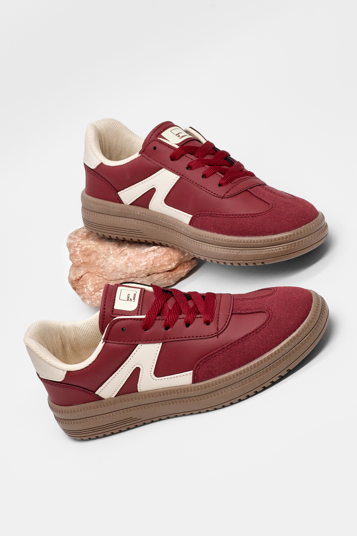 Kadın Bordo Bej Rahat Kalıp Kauçuk Taban Bağcıklı Sneaker