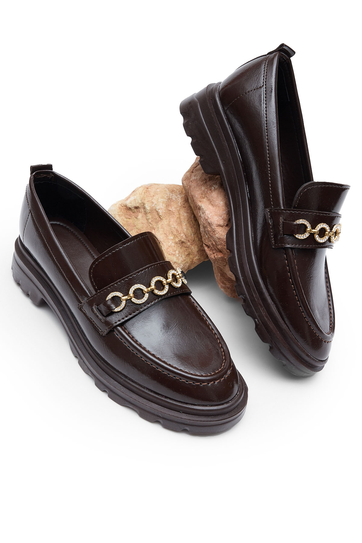 Kadın Bordo Kalın Poli Taban Zincir Aksesuarlı Günlük Loafer