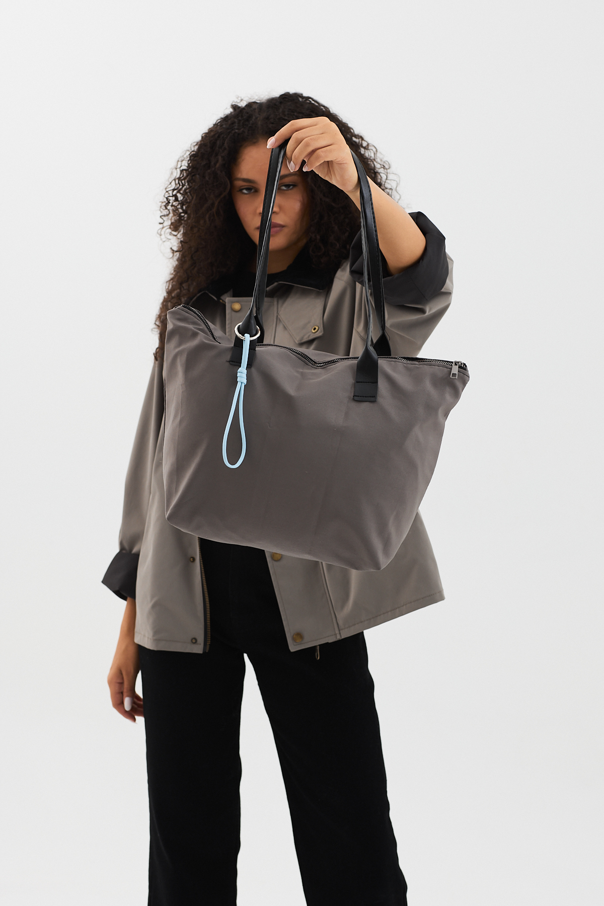 Kadın Füme Fermuarlı Kumaş Saplı Omuz Çantası