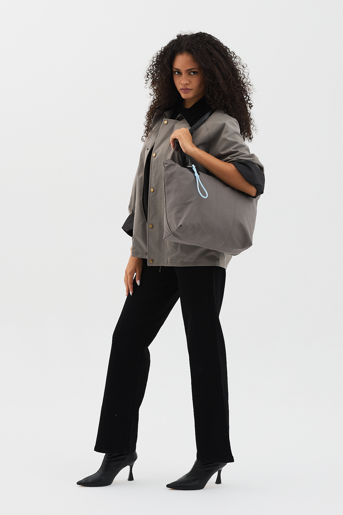 Kadın Füme Fermuarlı Kumaş Saplı Omuz Çantası