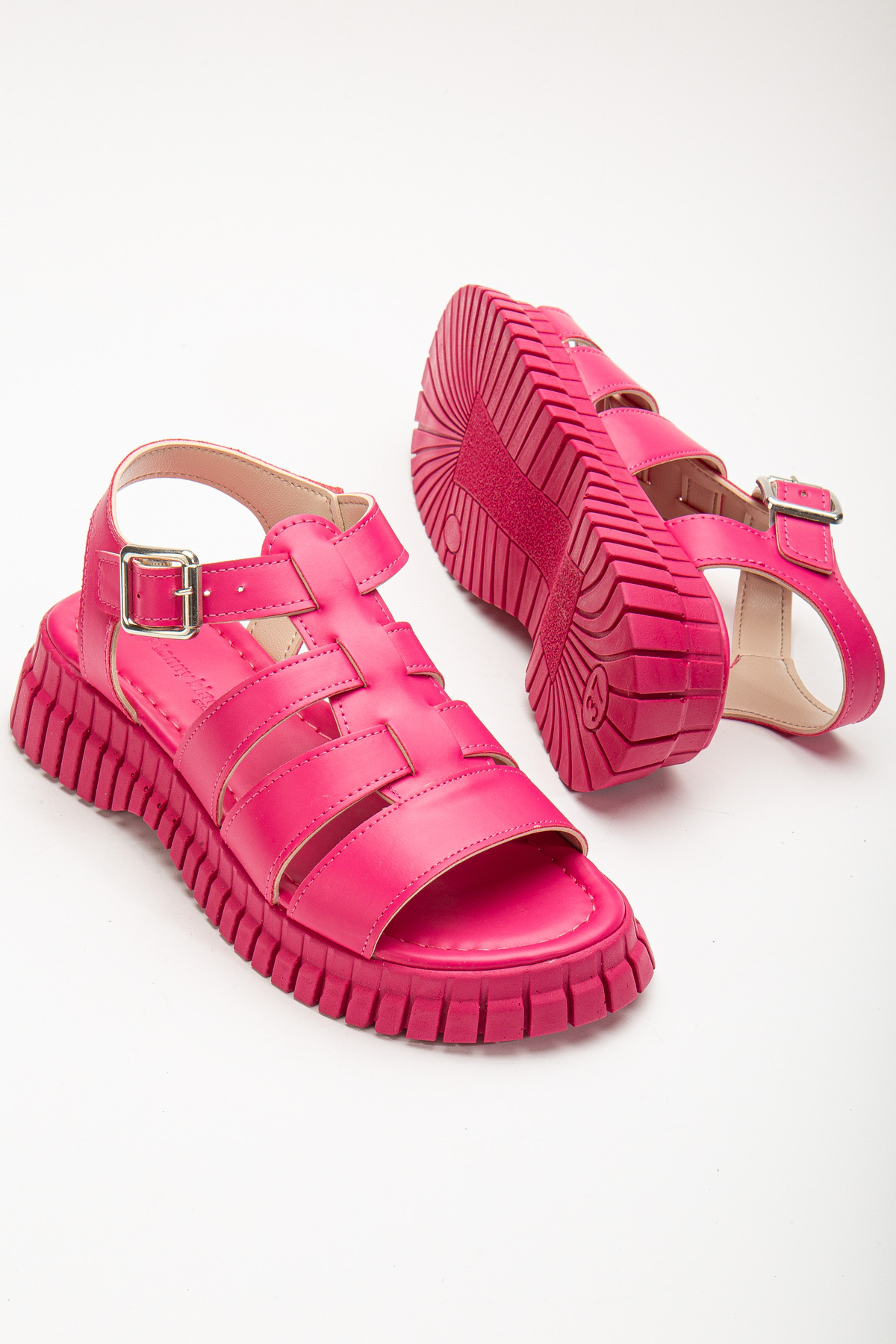 Kadın Fuşya Kalın Poli Taban Bilekten Bağlamalı Üç Bantlı Sandalet