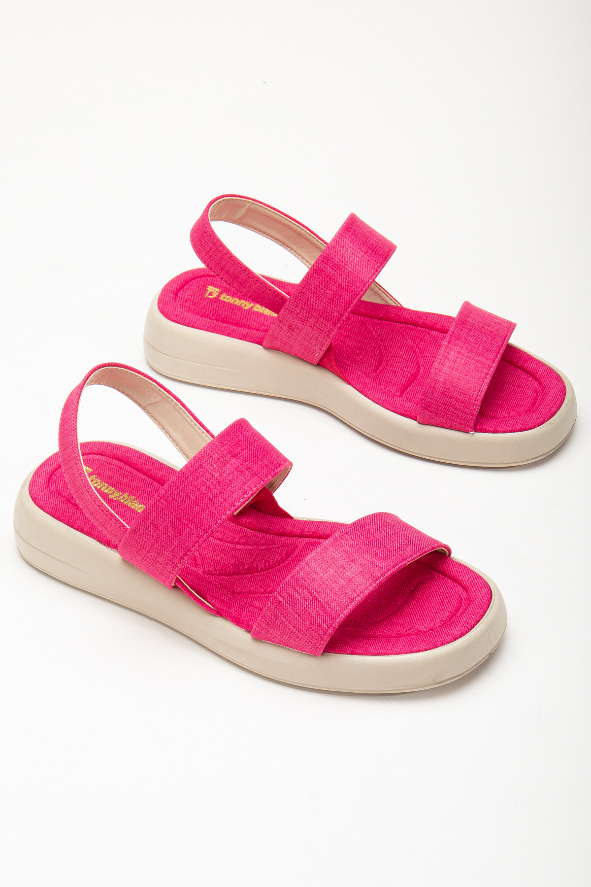 Kadın Fuşya Keten Rahat Kalıp Poli Taban Çift Bantlı Sandalet