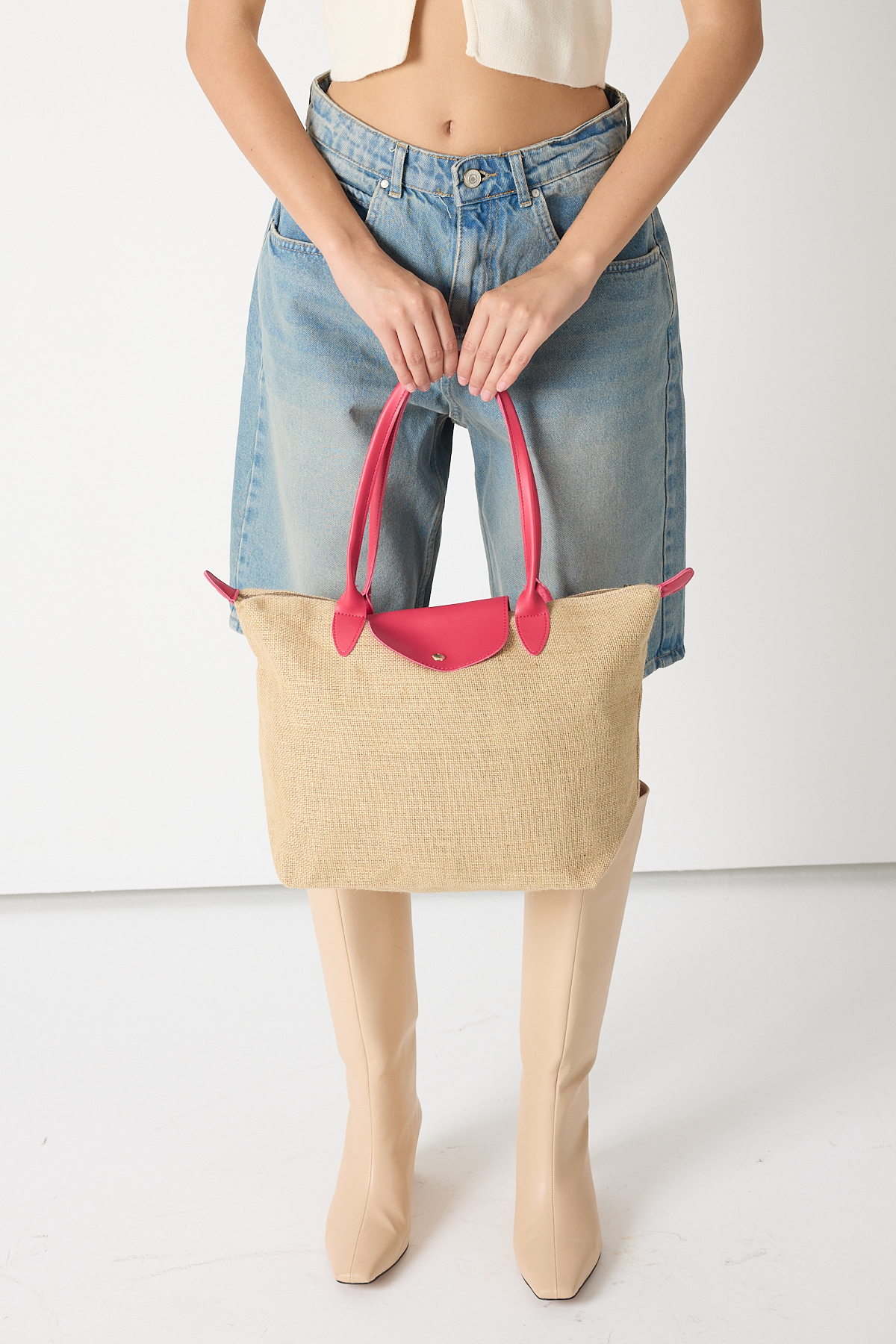 Kadın Fuşya Orta Boy Askılı Hasır El ve Omuz Çantası