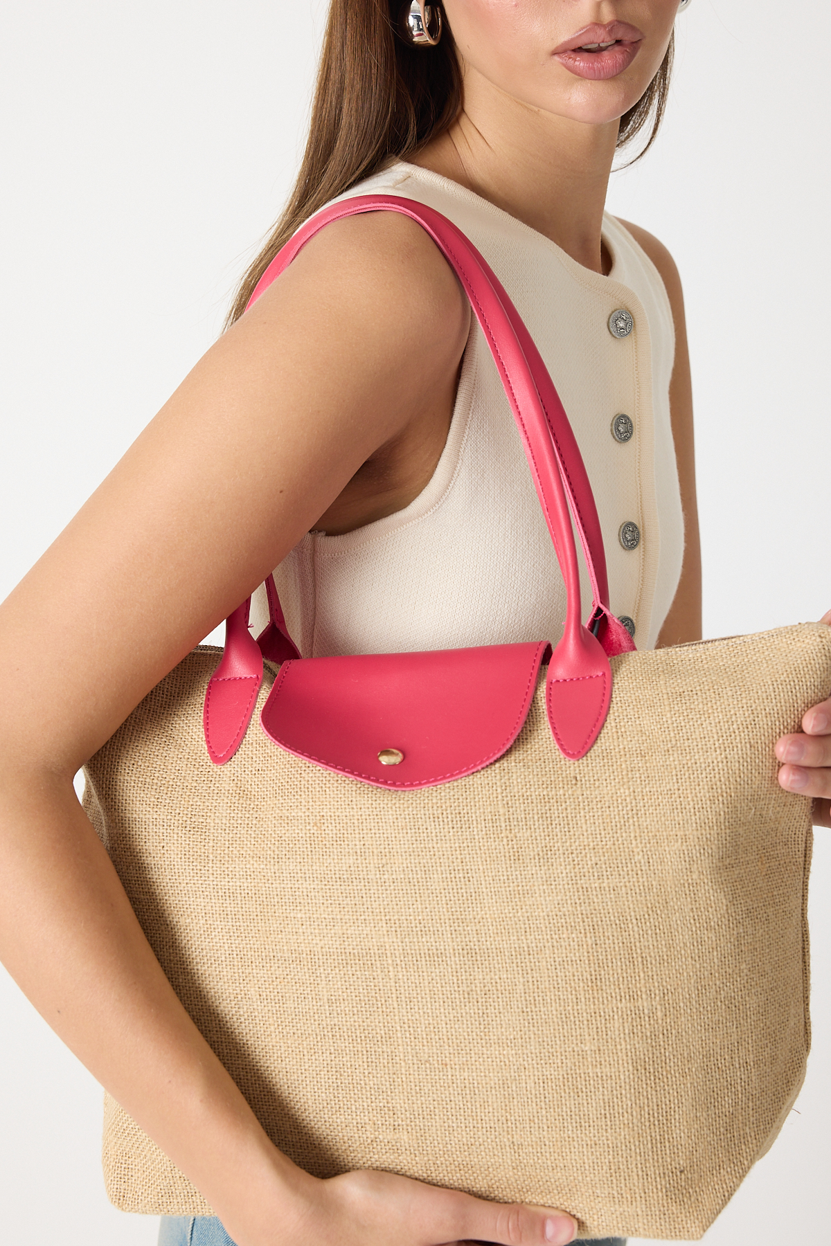 Kadın Fuşya Orta Boy Askılı Hasır El ve Omuz Çantası
