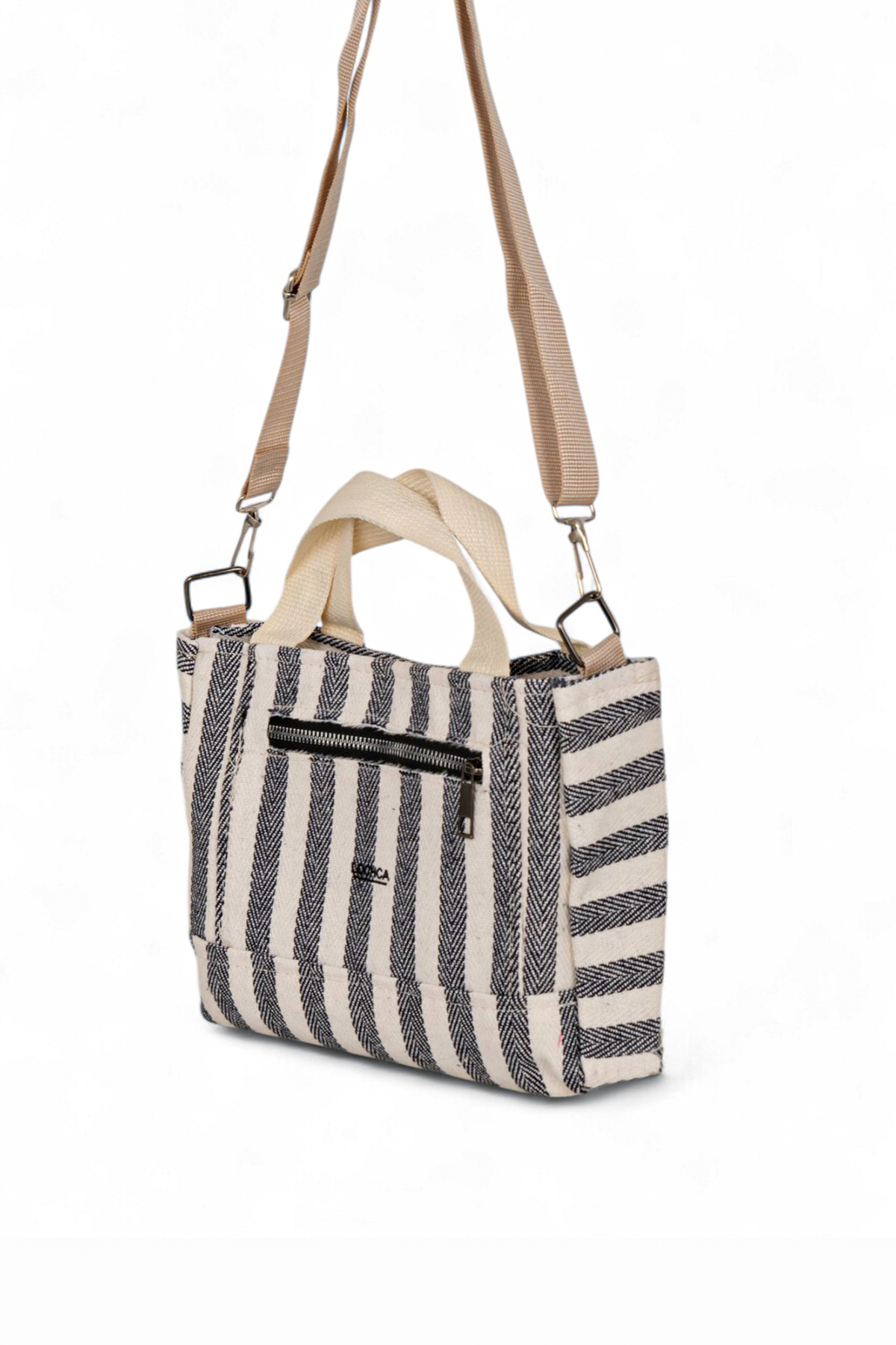 Kadın Gri Kanvas Askılı Önü Fermuarlı El ve Omuz Çantası