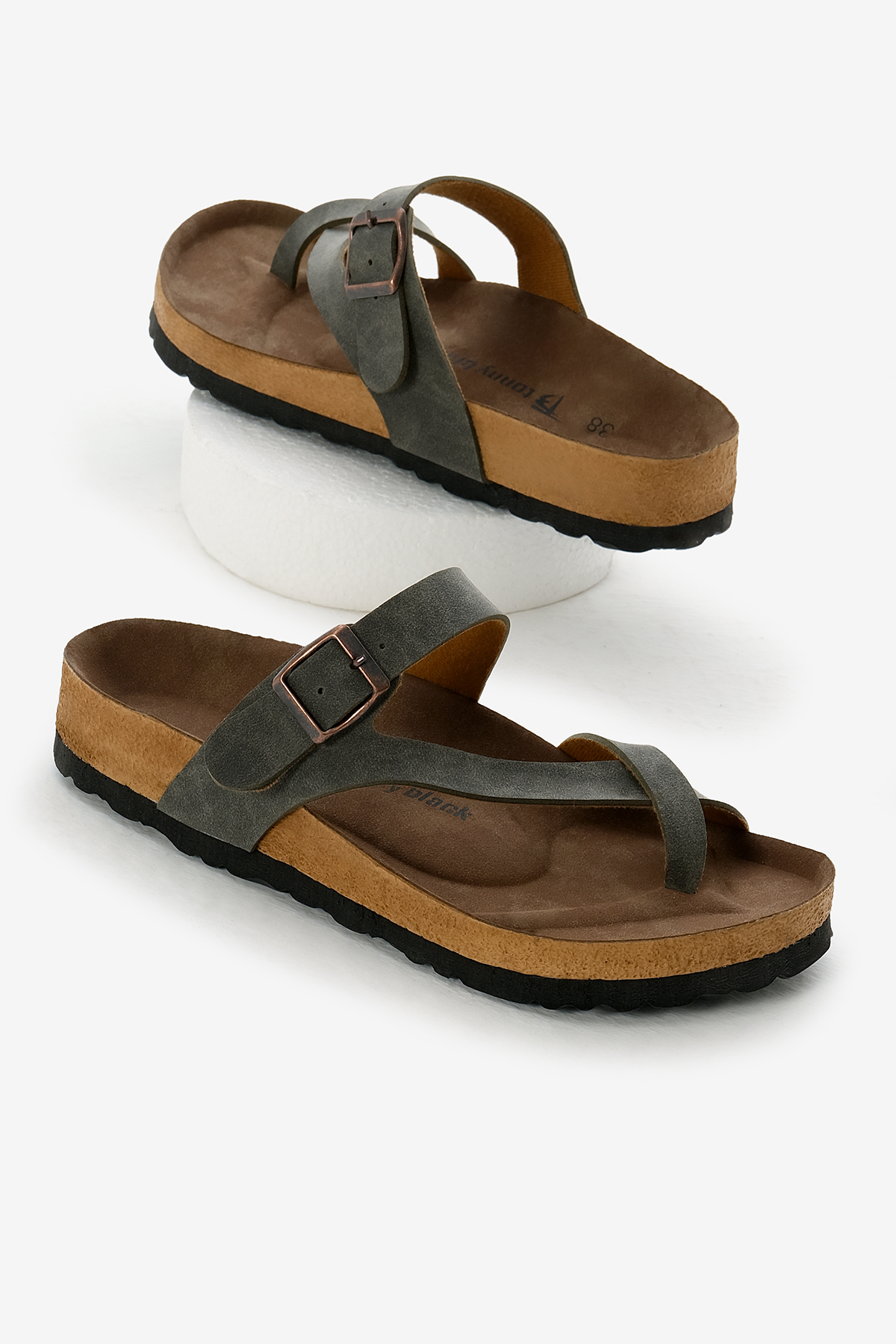 Kadın Haki Rahat Kalıp Poli Taban Çapraz Model Nubuk Parmak Arası Terlik