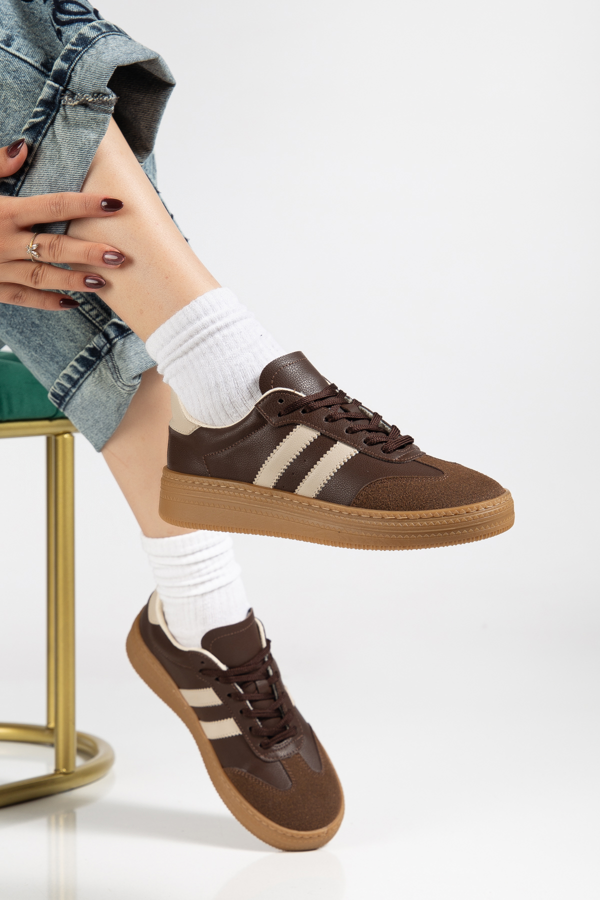 Kadın Kahve Bej Kadın Rahat Kalıp Yumuşak Deri Sneaker