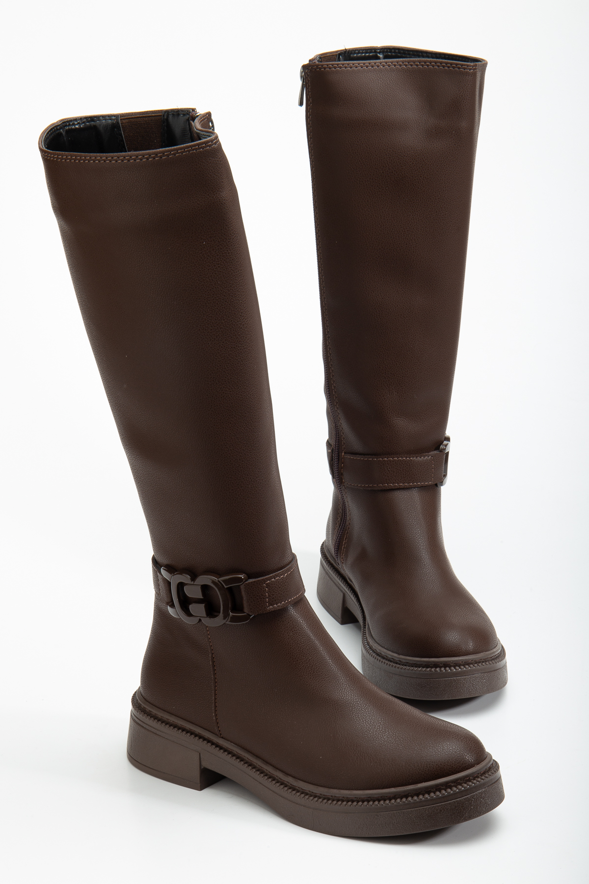 Kadın Kahve Cilt Kalın Termo Taban Tokalı Fermuarlı Çizme