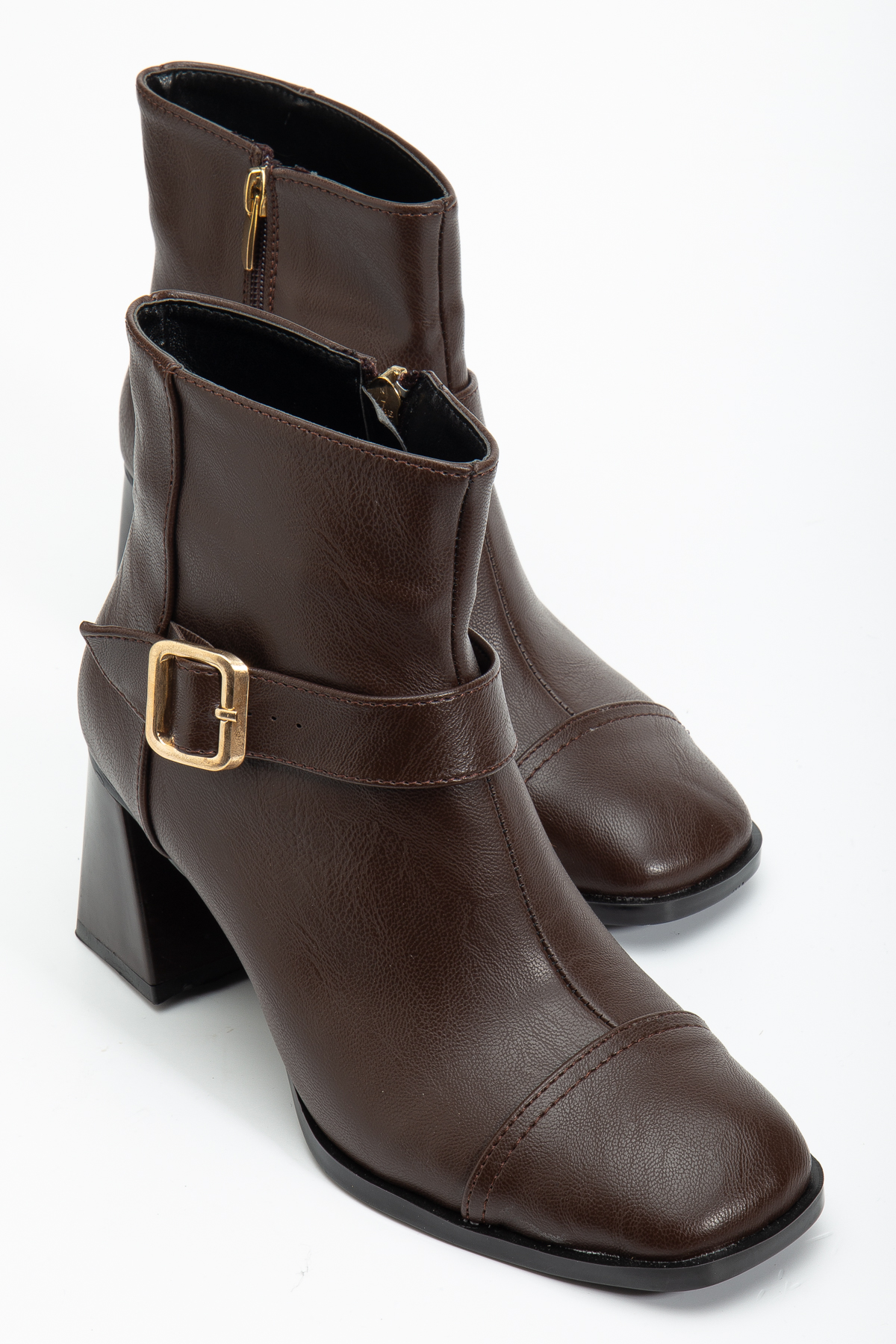 Kadın Kahve Cilt TPU Taban Kemer Toka Detaylı Fermuarlı Topuklu Bot