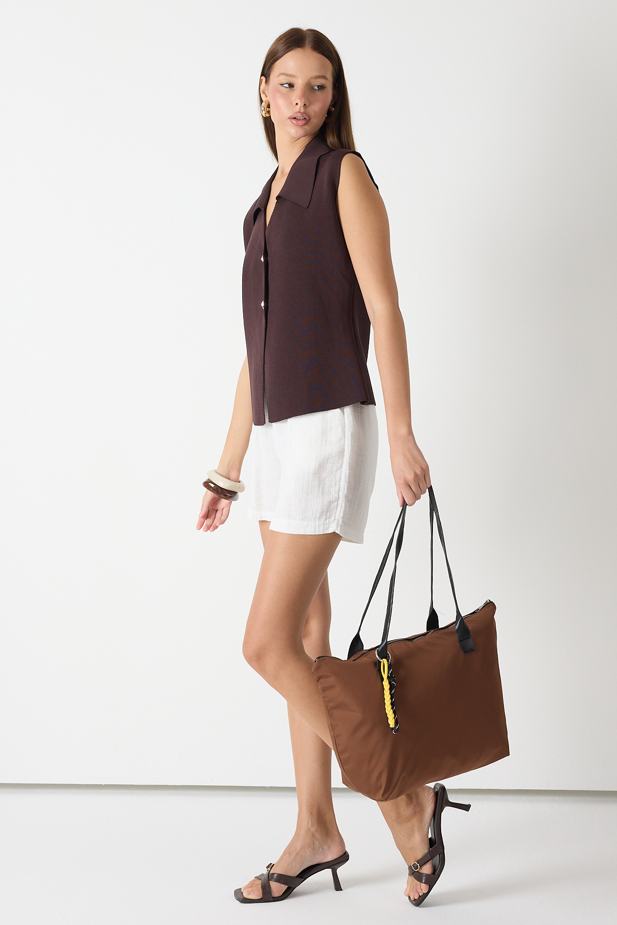 Kadın Kahve Fermuarlı Kumaş Saplı Omuz Çantası