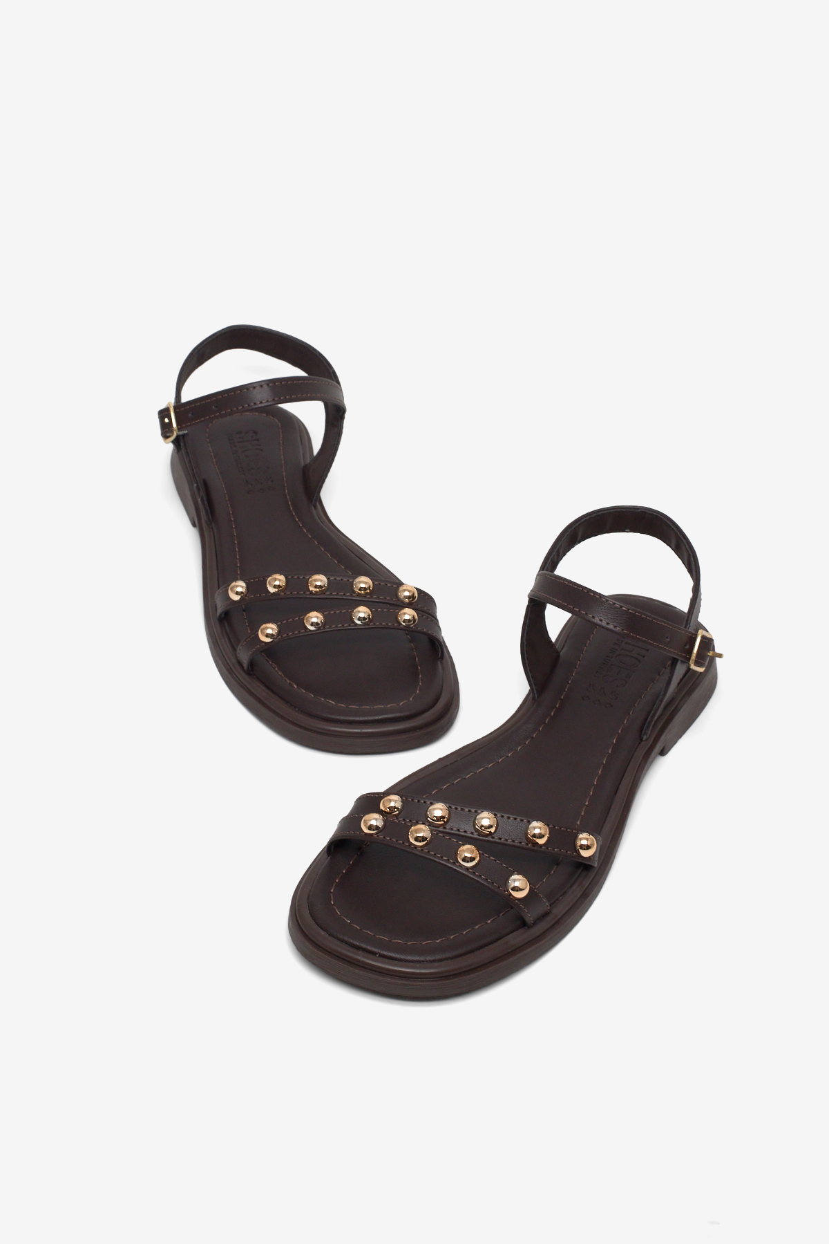 Kadın Kahve Rahat Kalıp Çift Bantlı Tokalı Taşlı Sandalet