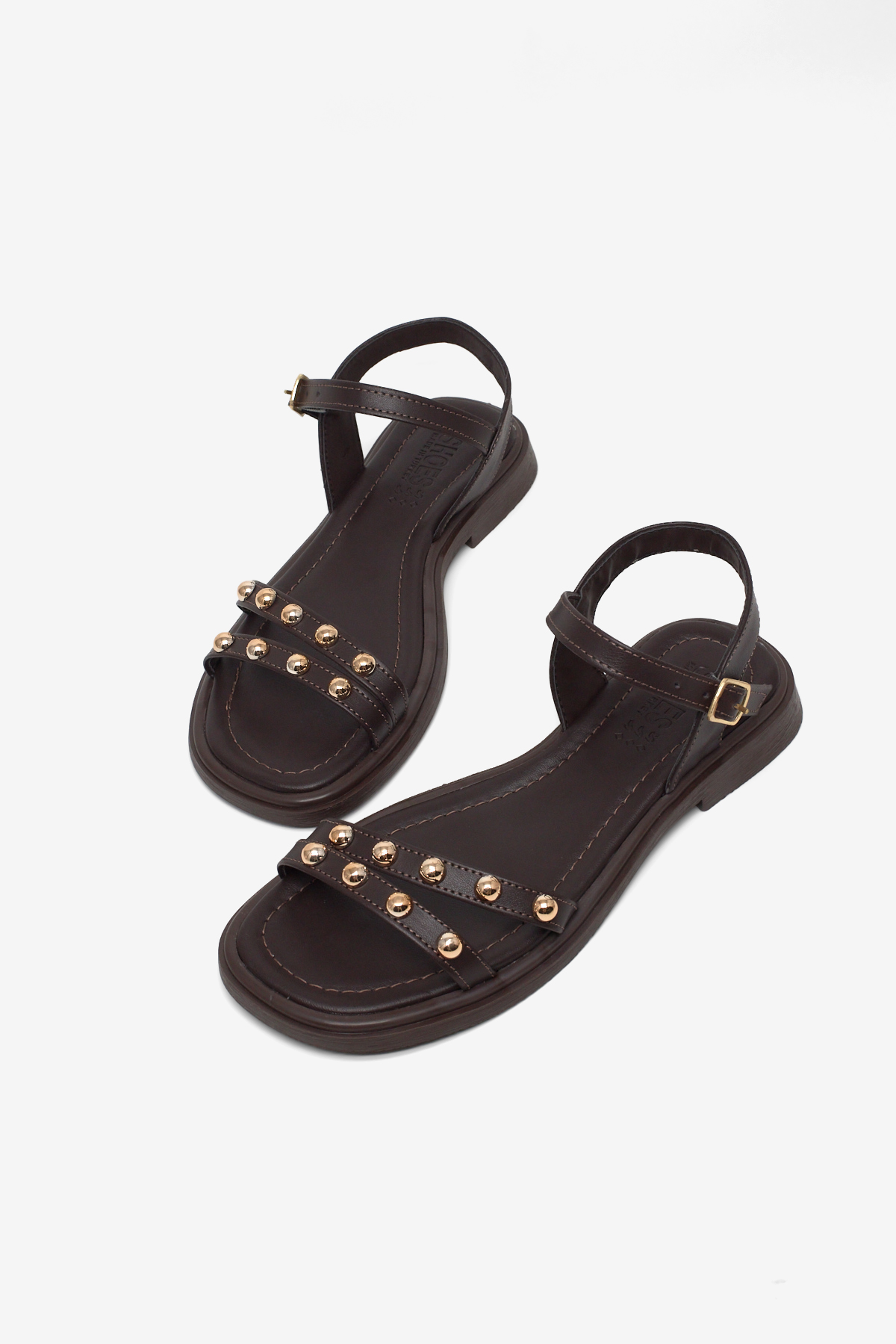 Kadın Kahve Rahat Kalıp Çift Bantlı Tokalı Taşlı Sandalet