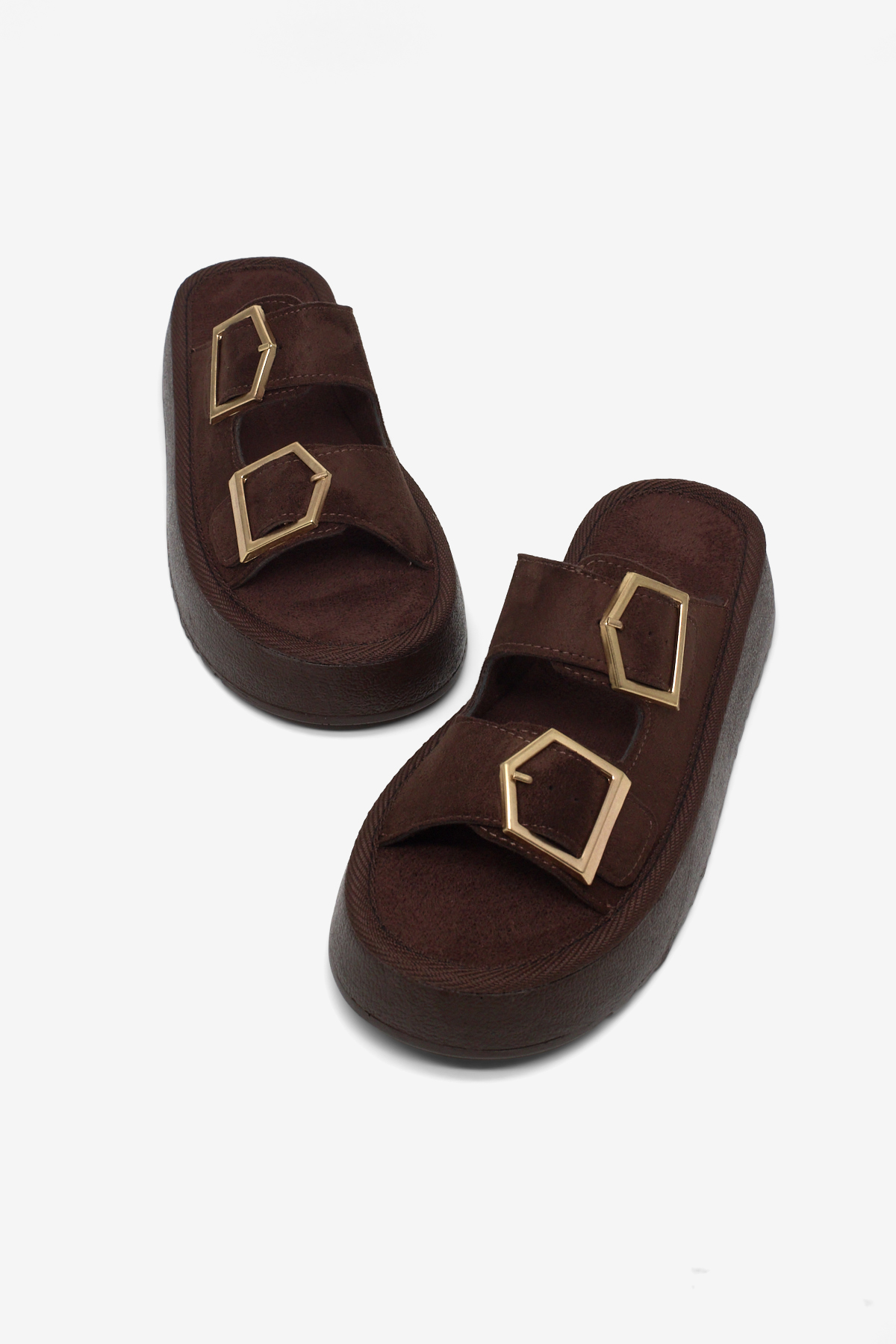 Kadın Kahve Rahat Kalıp Yüksek Taban Tokalı Terlik