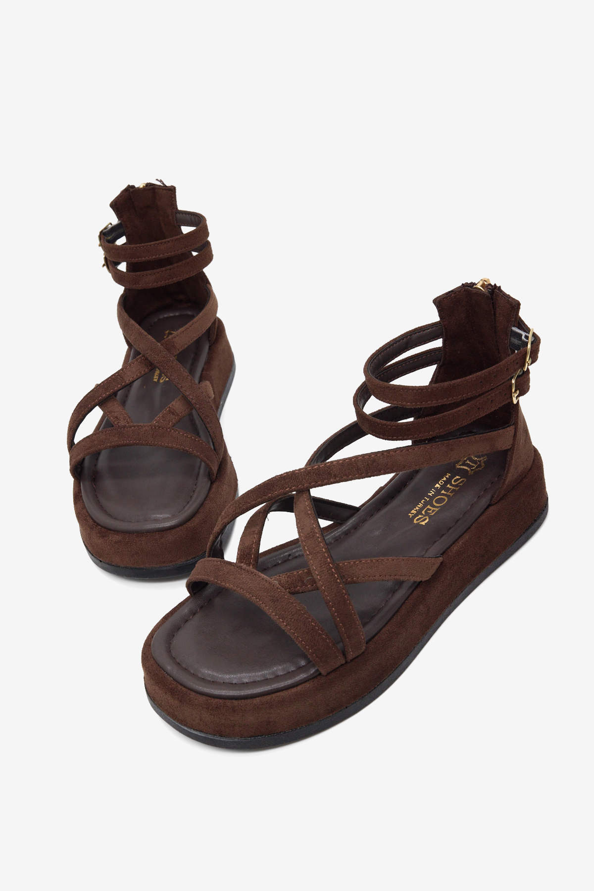 Kadın Kahve Süet Rahat Kalıp Çapraz Bantlı Çift Kemerli Sandalet