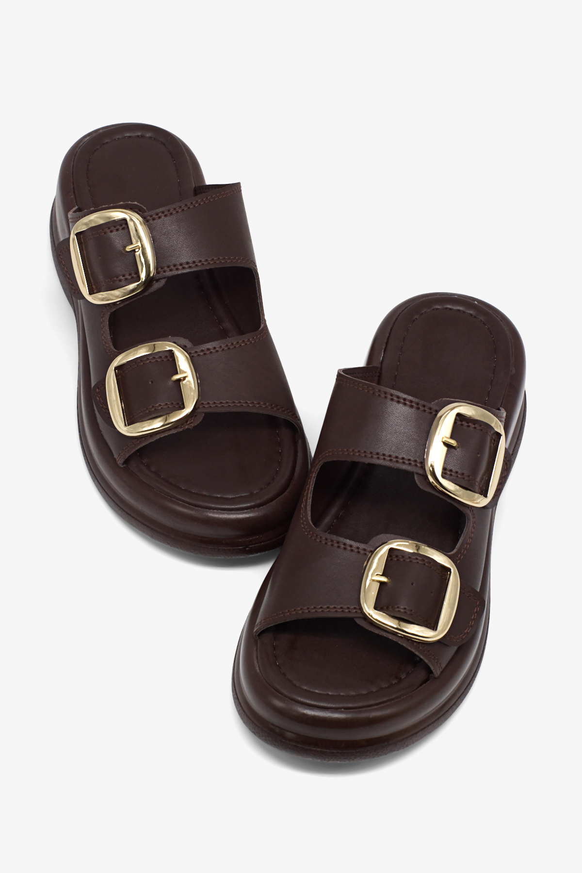 Kadın Kahve Yüksek Tabanlı Rahat Çift Tokalı Terlik