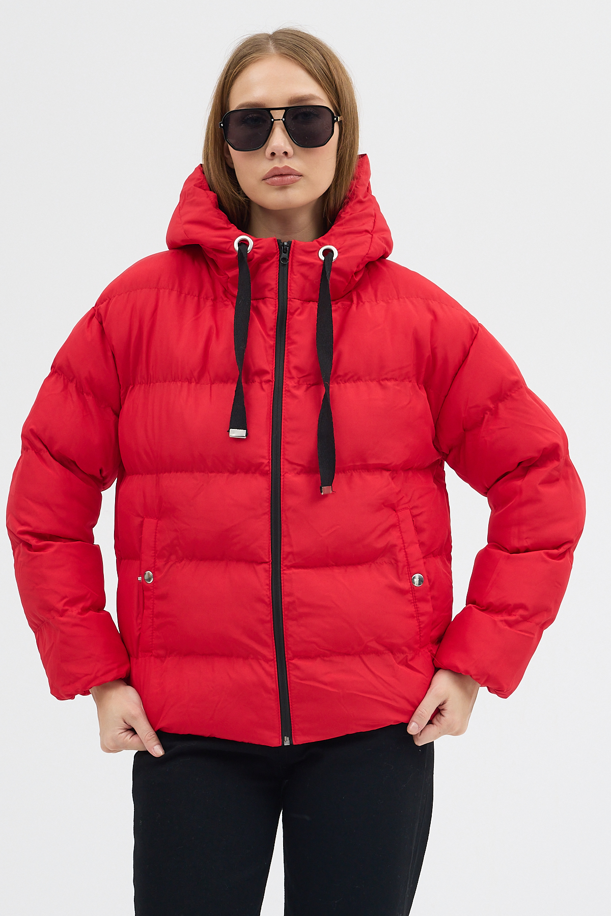 Kadın Kırmızı Çift Cepli Fermuarlı Su İtici Kumaş Normal Kesim Dolumlu Şişme Mont