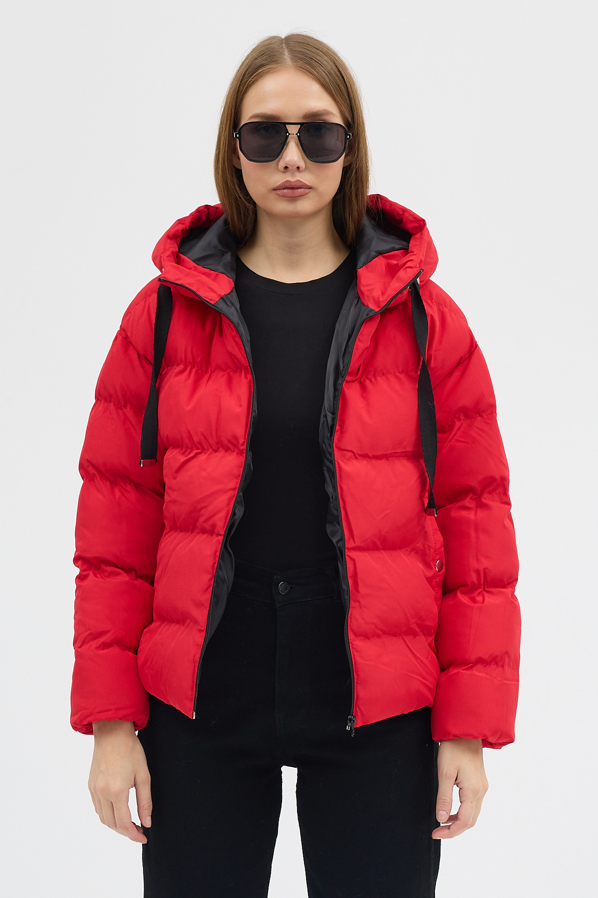Kadın Kırmızı Çift Cepli Fermuarlı Su İtici Kumaş Normal Kesim Dolumlu Şişme Mont