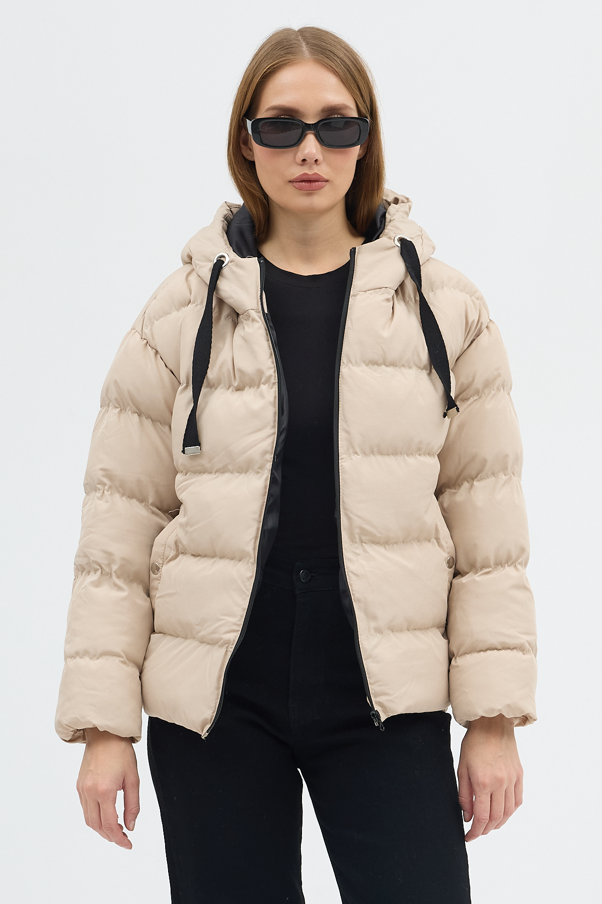 Kadın Krem Çift Cepli Fermuarlı Su İtici Kumaş Normal Kesim Dolumlu Şişme Mont