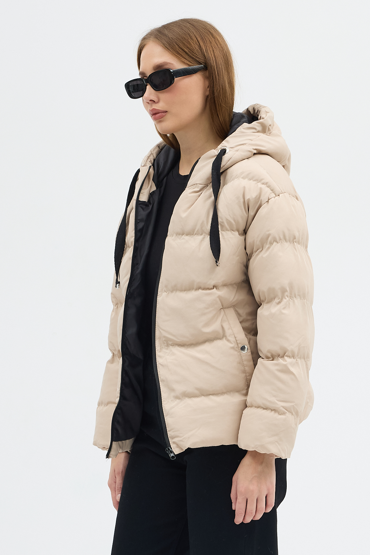 Kadın Krem Çift Cepli Fermuarlı Su İtici Kumaş Normal Kesim Dolumlu Şişme Mont