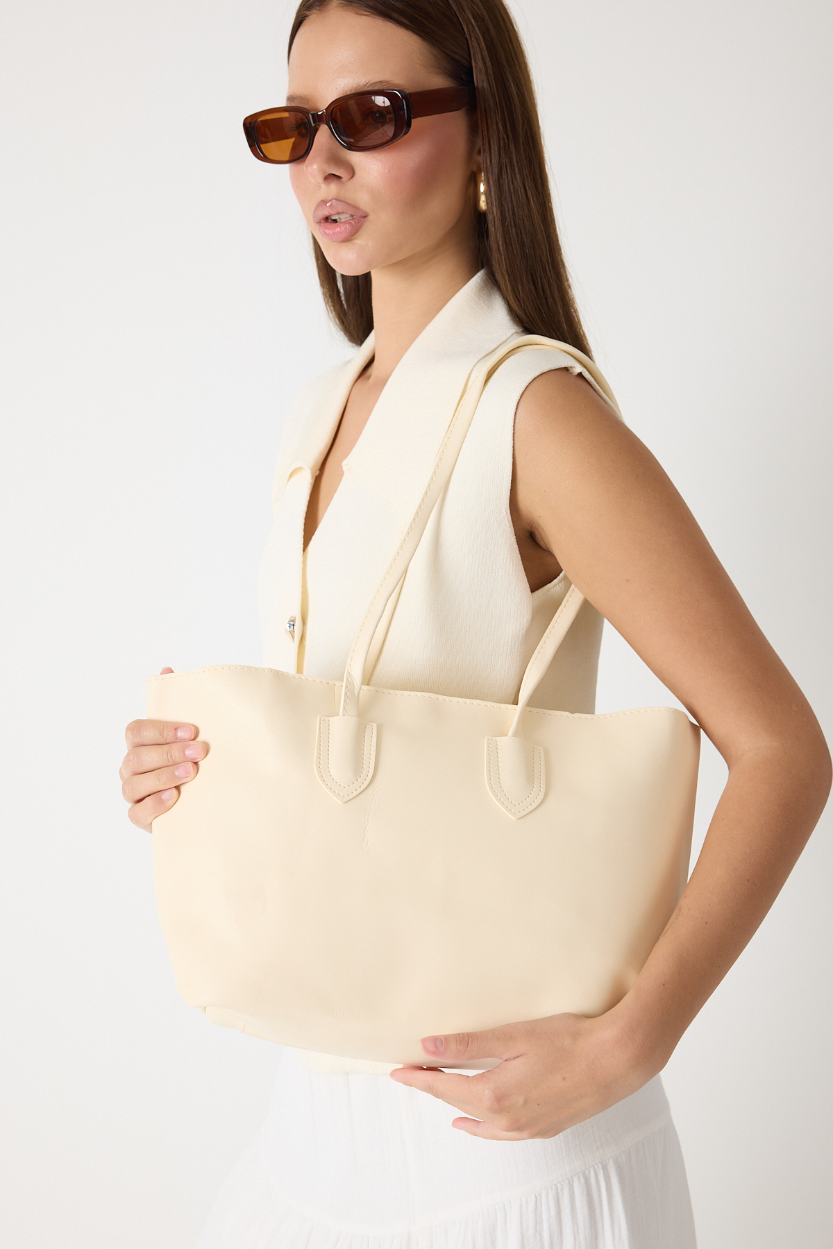 Kadın Krem Çift Saplı Suni Deri Askılı El ve Omuz Çantası