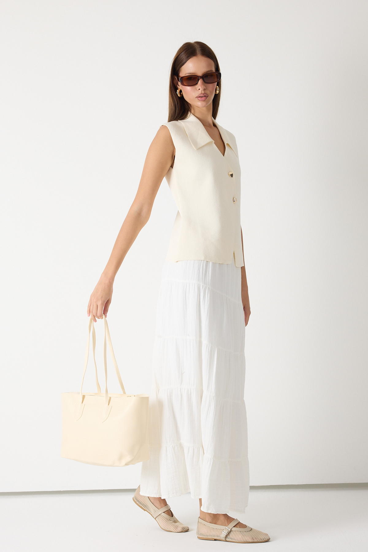 Kadın Krem Çift Saplı Suni Deri Askılı El ve Omuz Çantası