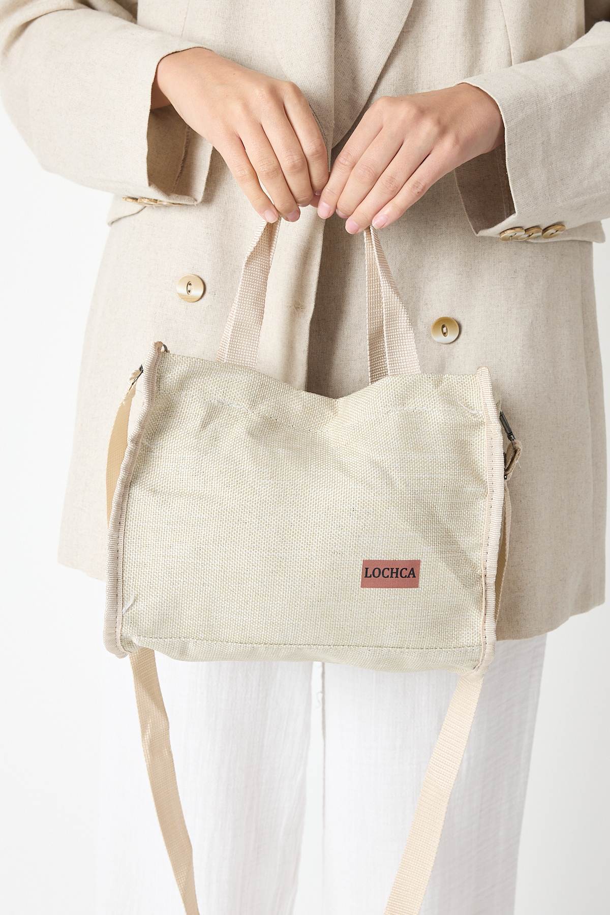 Kadın Krem Hasır Görünümlü Askılı Omuz Çantası