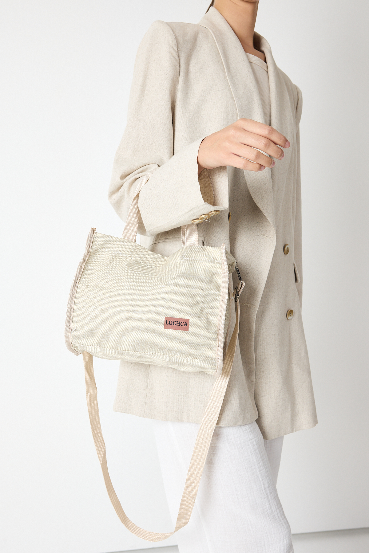 Kadın Krem Hasır Görünümlü Askılı Omuz Çantası