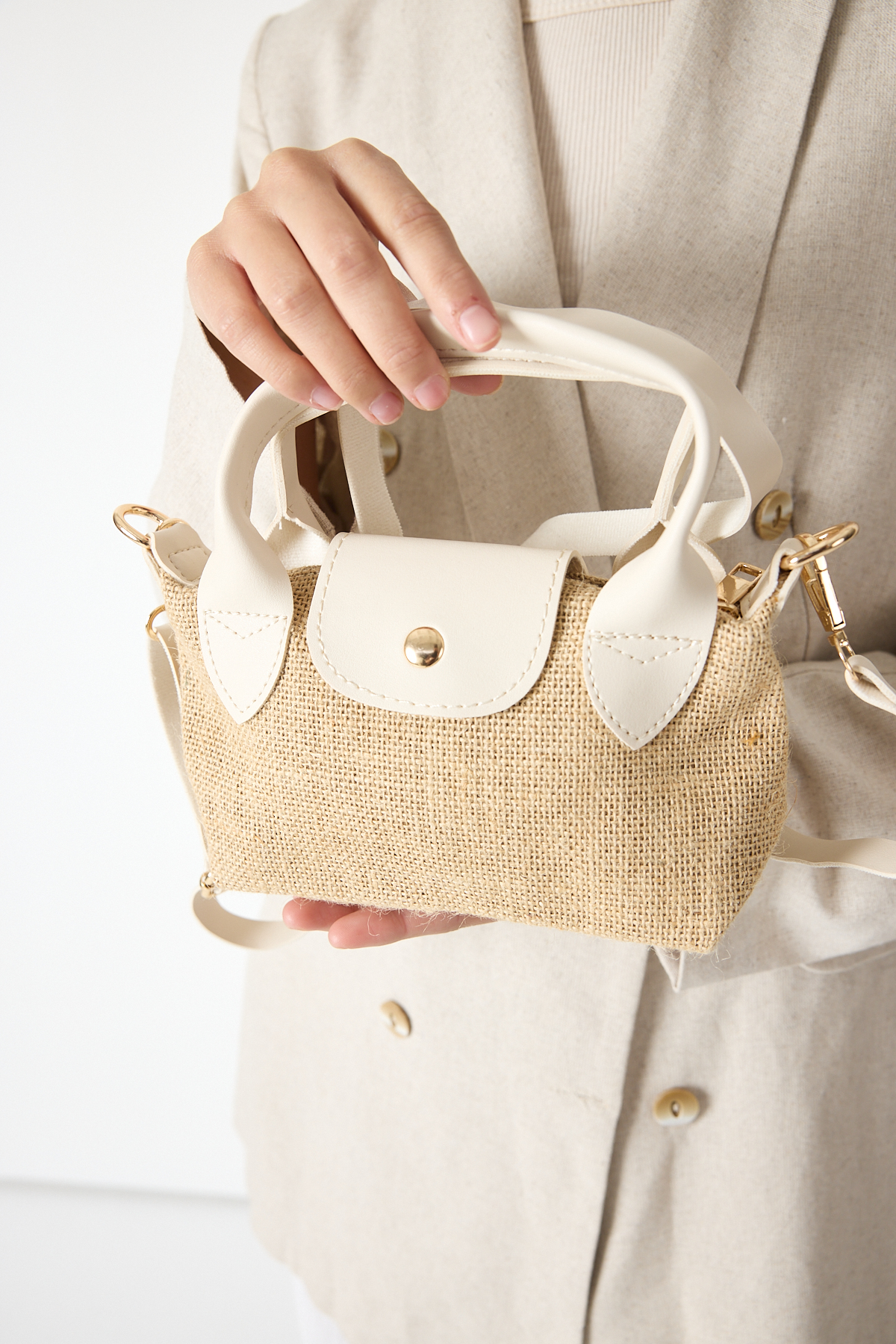 Kadın Krem Mini Boy Askılı Hasır El ve Çapraz Çanta