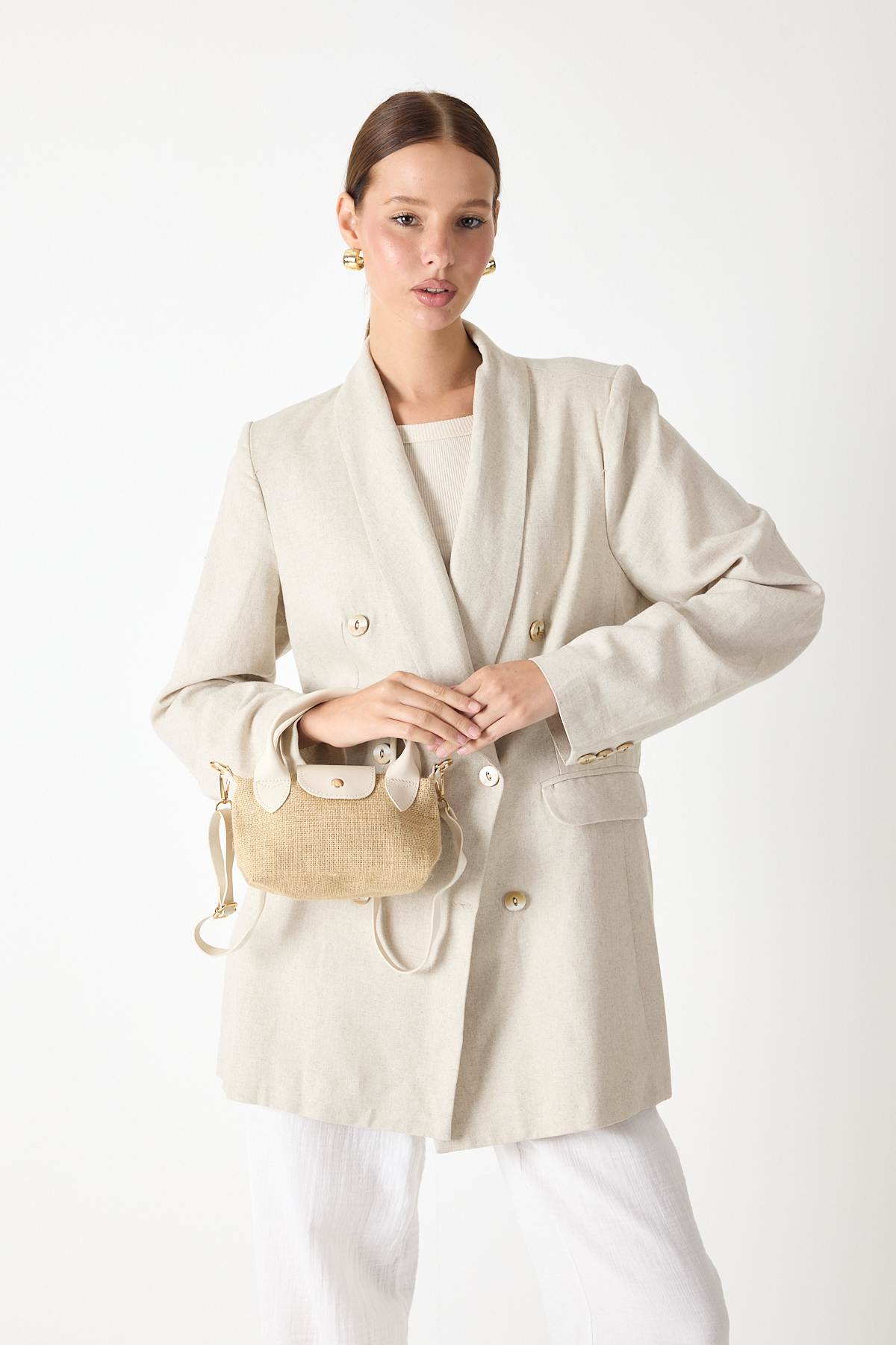 Kadın Krem Mini Boy Askılı Hasır El ve Çapraz Çanta