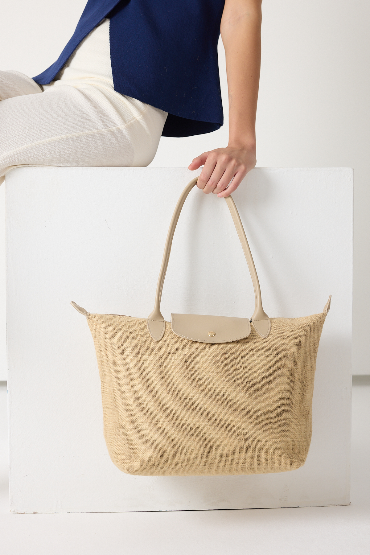 Kadın Krem Orta Boy Askılı Hasır El ve Omuz Çantası