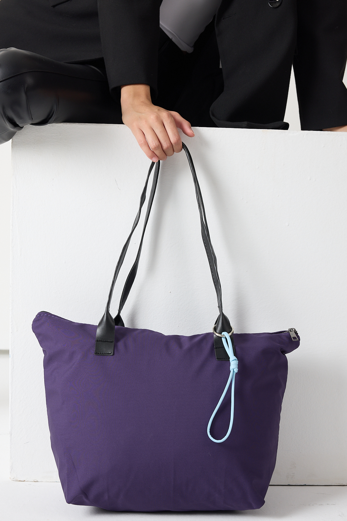 Kadın Mor Fermuarlı Kumaş Saplı Omuz Çantası