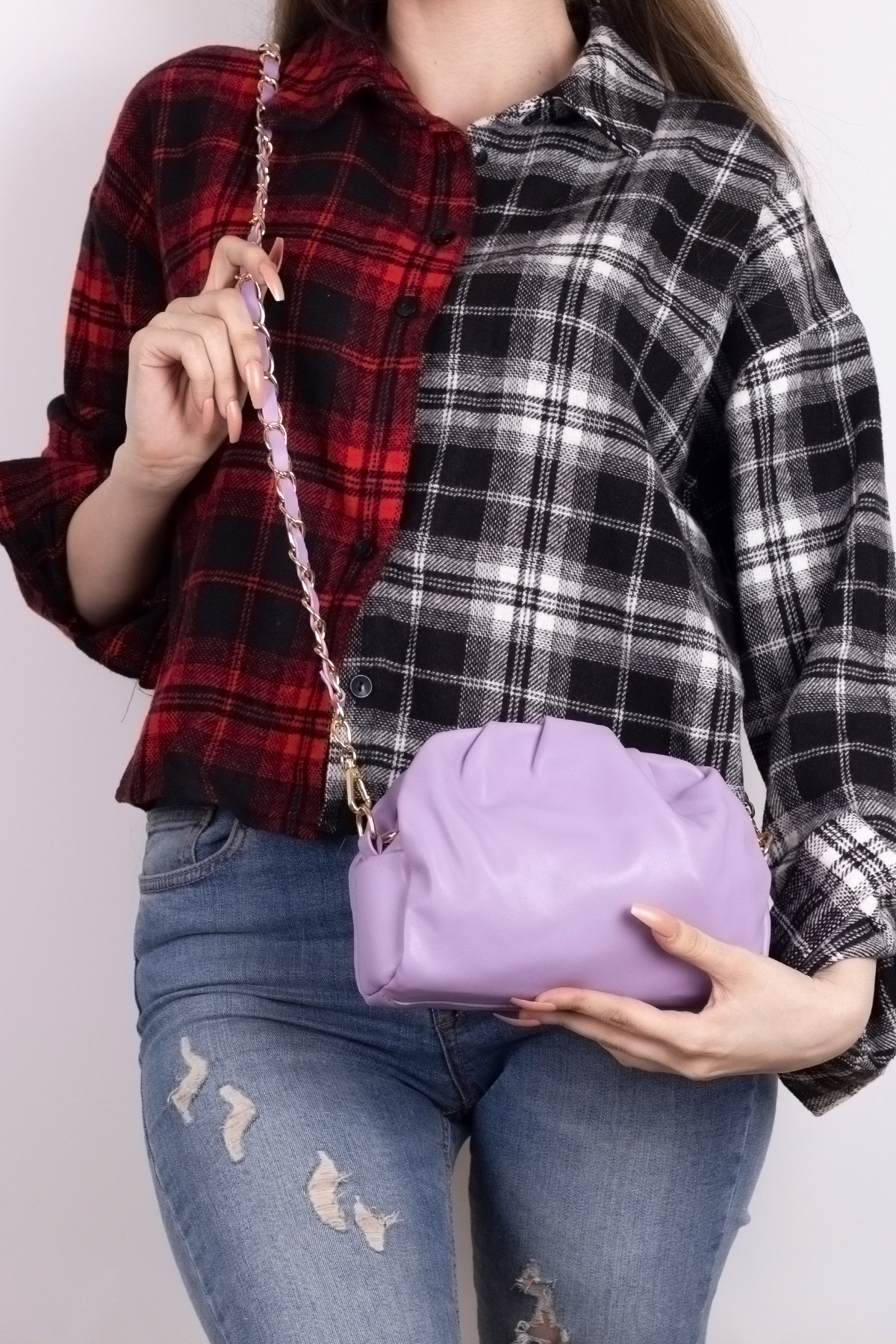 Kadın Mor Örgü Zincir Detaylı Yumuşak Deri Çapraz Çanta Tbc148