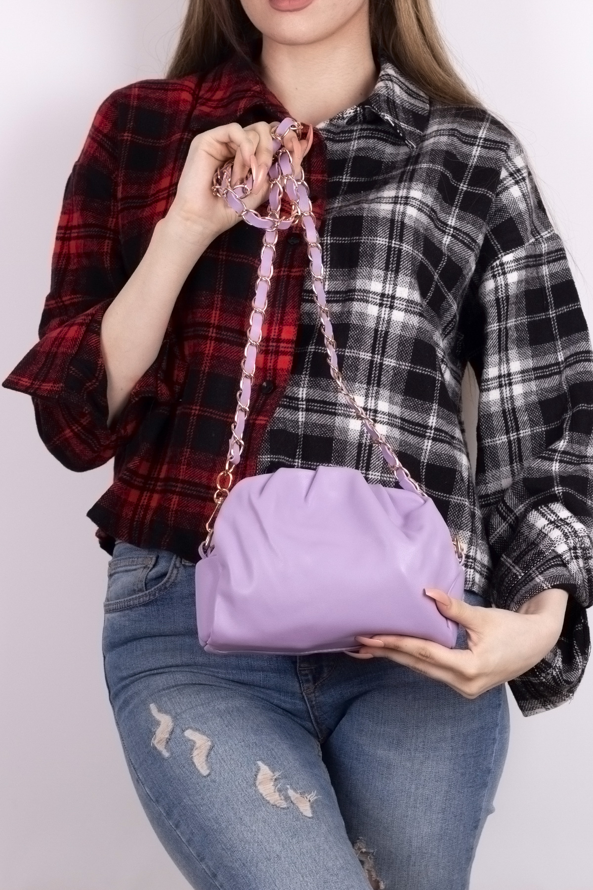 Kadın Mor Örgü Zincir Detaylı Yumuşak Deri Çapraz Çanta Tbc148