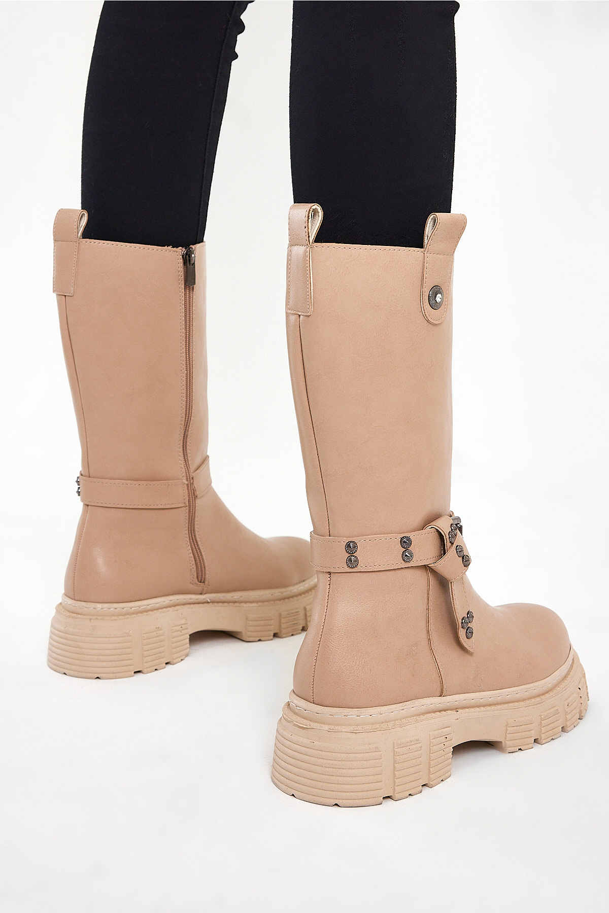Kadın Nude Cilt Rahat Kalıp Yüksek Taban Tokalı Fermuarlı Çizme
