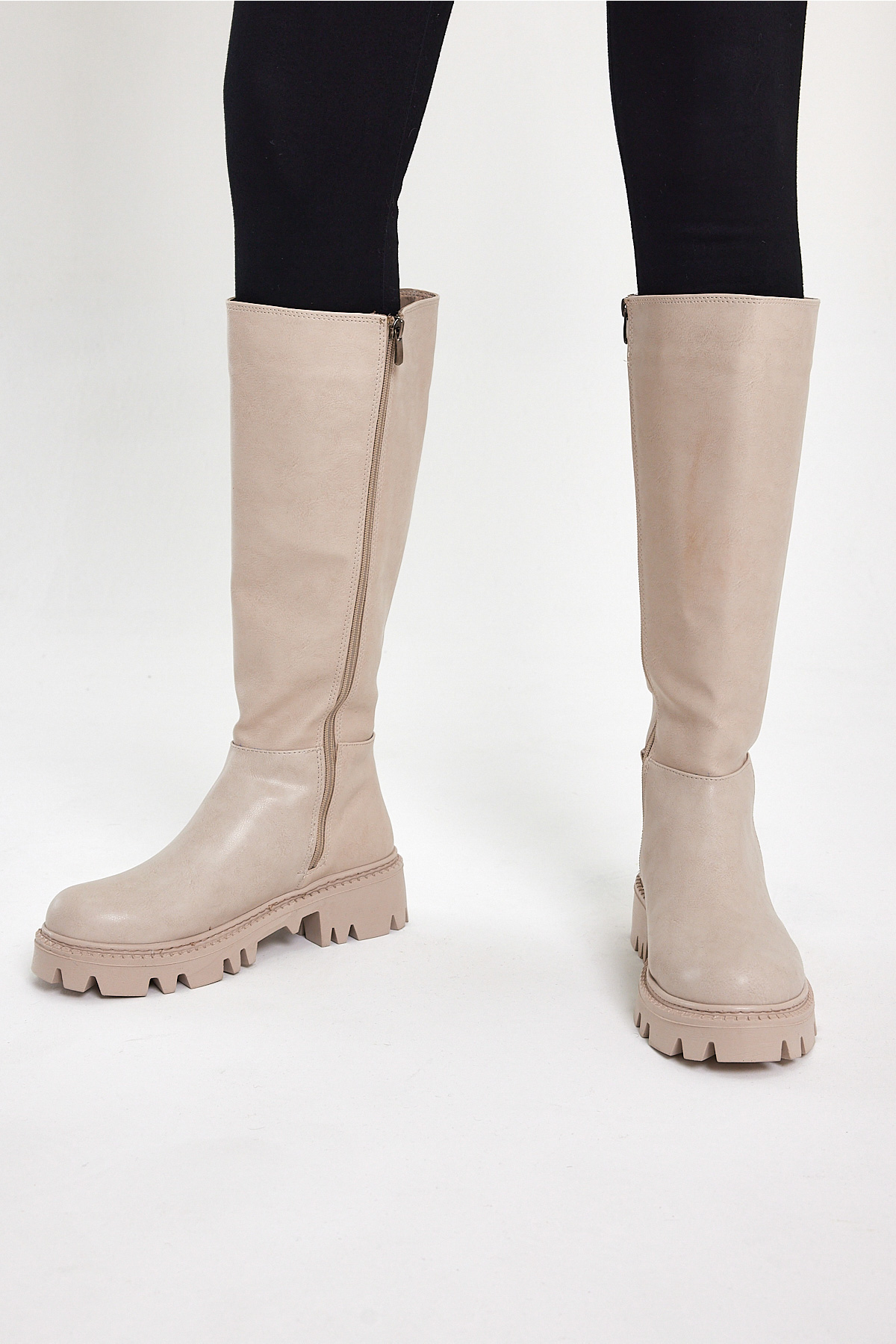 Kadın Nude Cilt Rahat Kalıp Yüksek Taban Fermuarlı Çizme