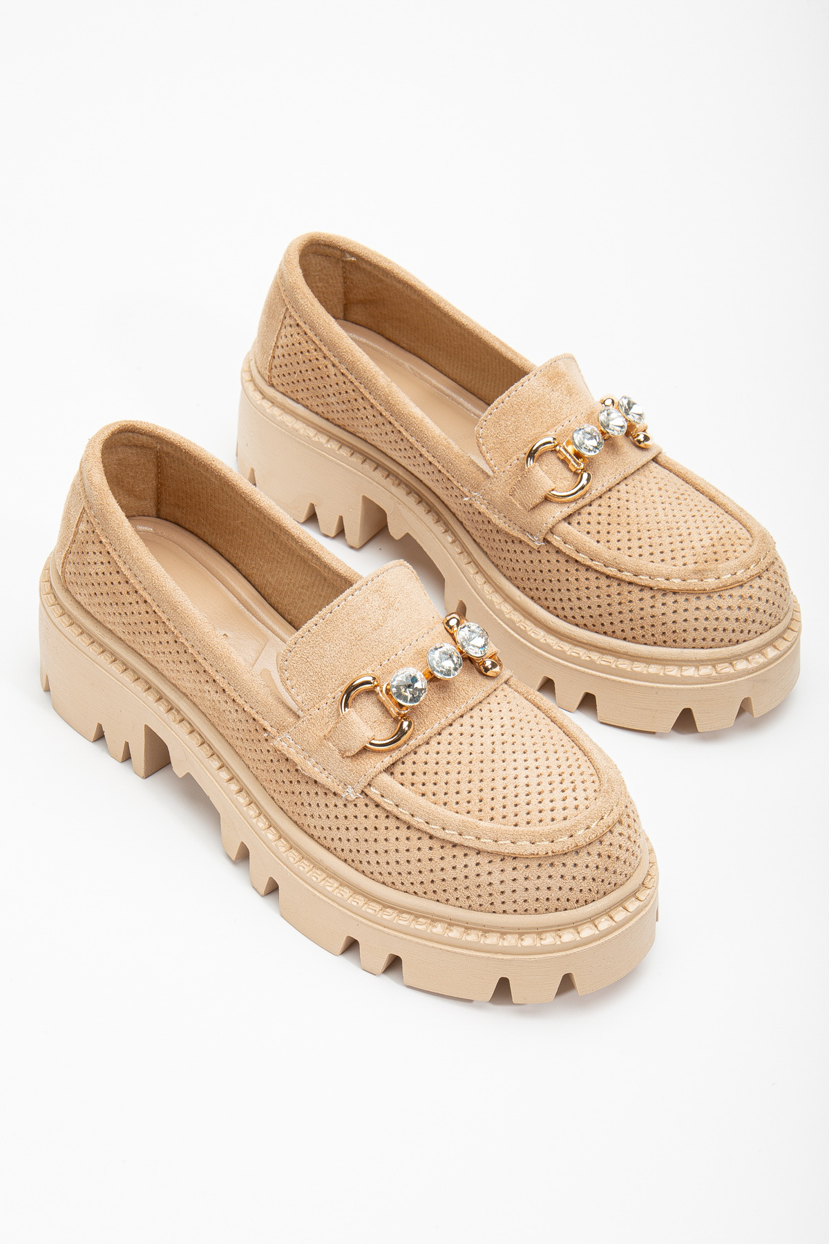 Kadın Nude Süet Rahat Kalıp Yüksek Poli Taban Önü Tokalı Loafer