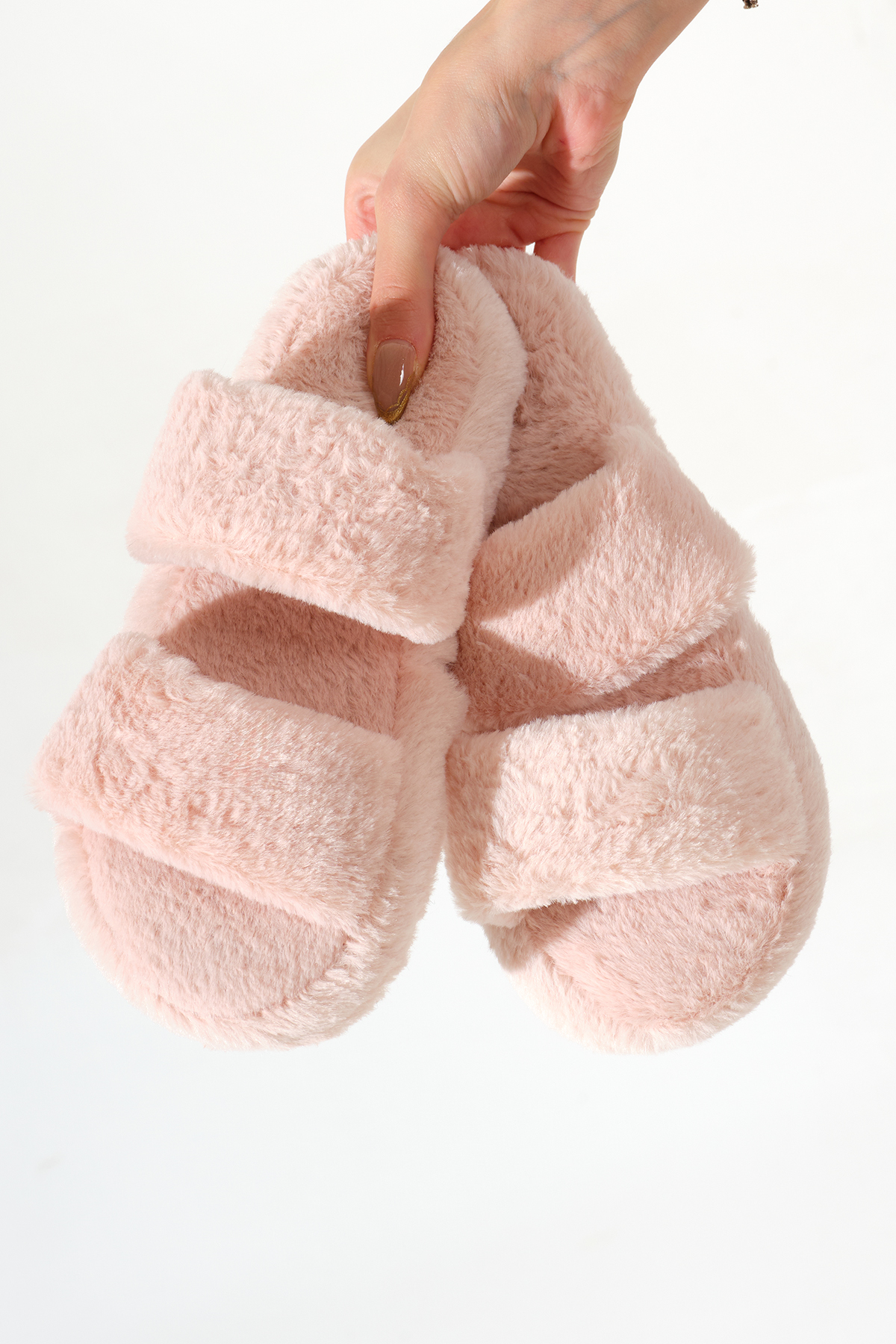 Kadın Pembe Çift Bantlı Peluş Ev Terliği